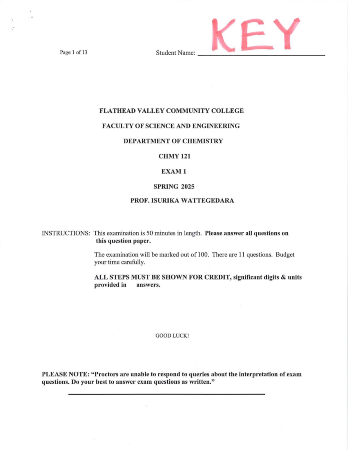 CHMY 121 Exam 1 Answer Key - Spring 2025 Study Guide - Studocu
