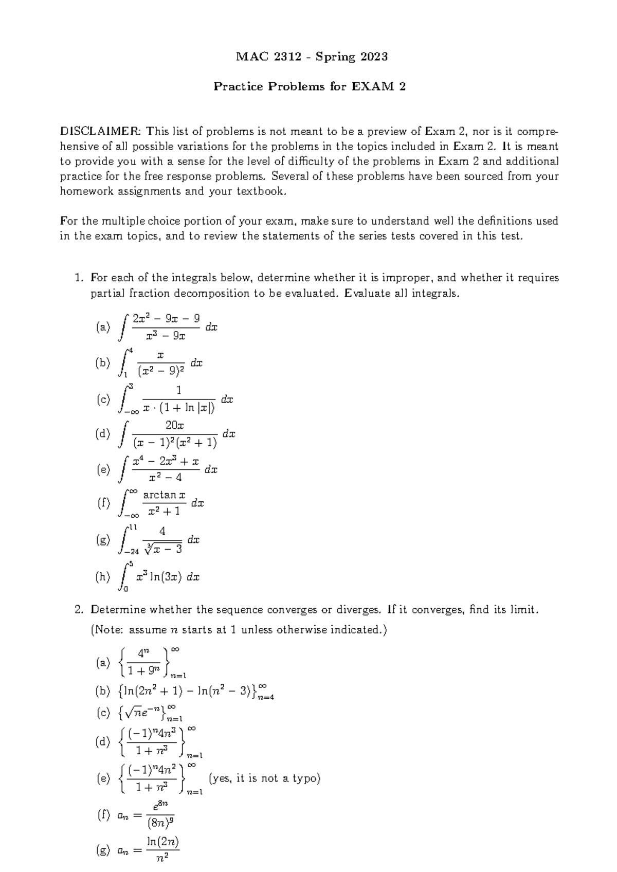 MAC 2312 Practice Problems for Exam 2 - Spring 2023 - Studocu