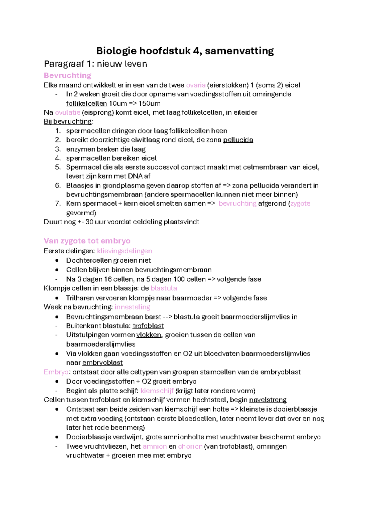 Bio HS 4 - Samenvatting van Bevruchting en Ontwikkeling - Studeersnel