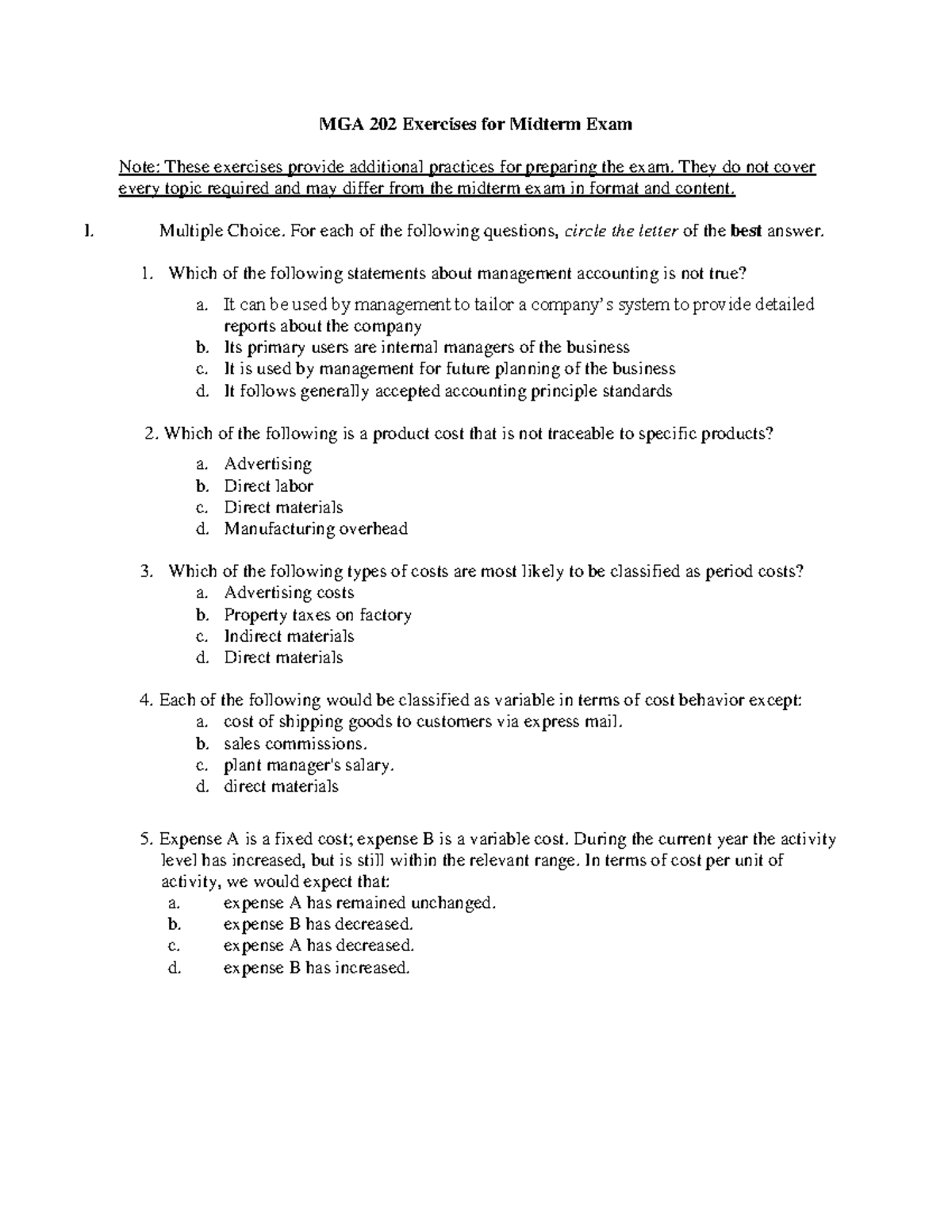MGA 202 Practice Midterm Exam Exercises and Solutions - Studocu