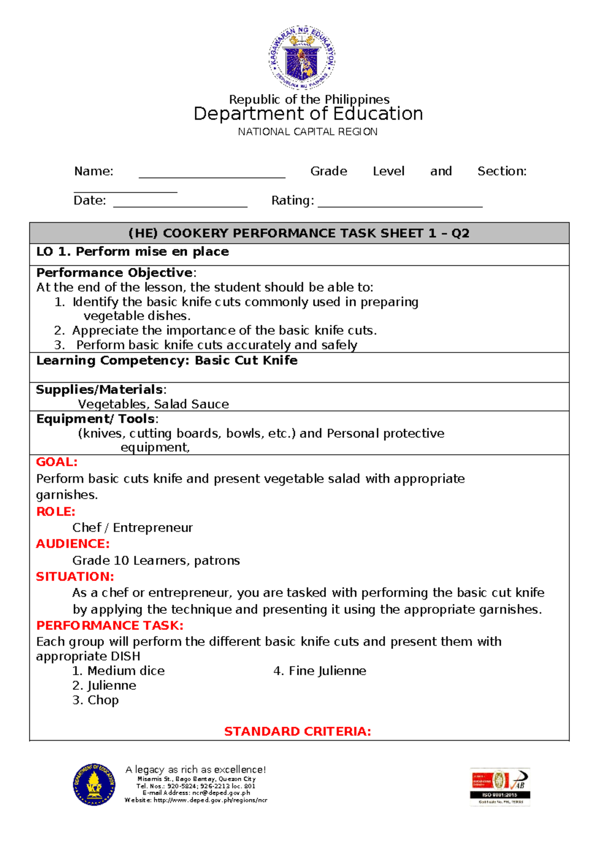 Q2 1 Cookery 10 PTAT - Performance Task for Basic Knife Cuts - Studocu