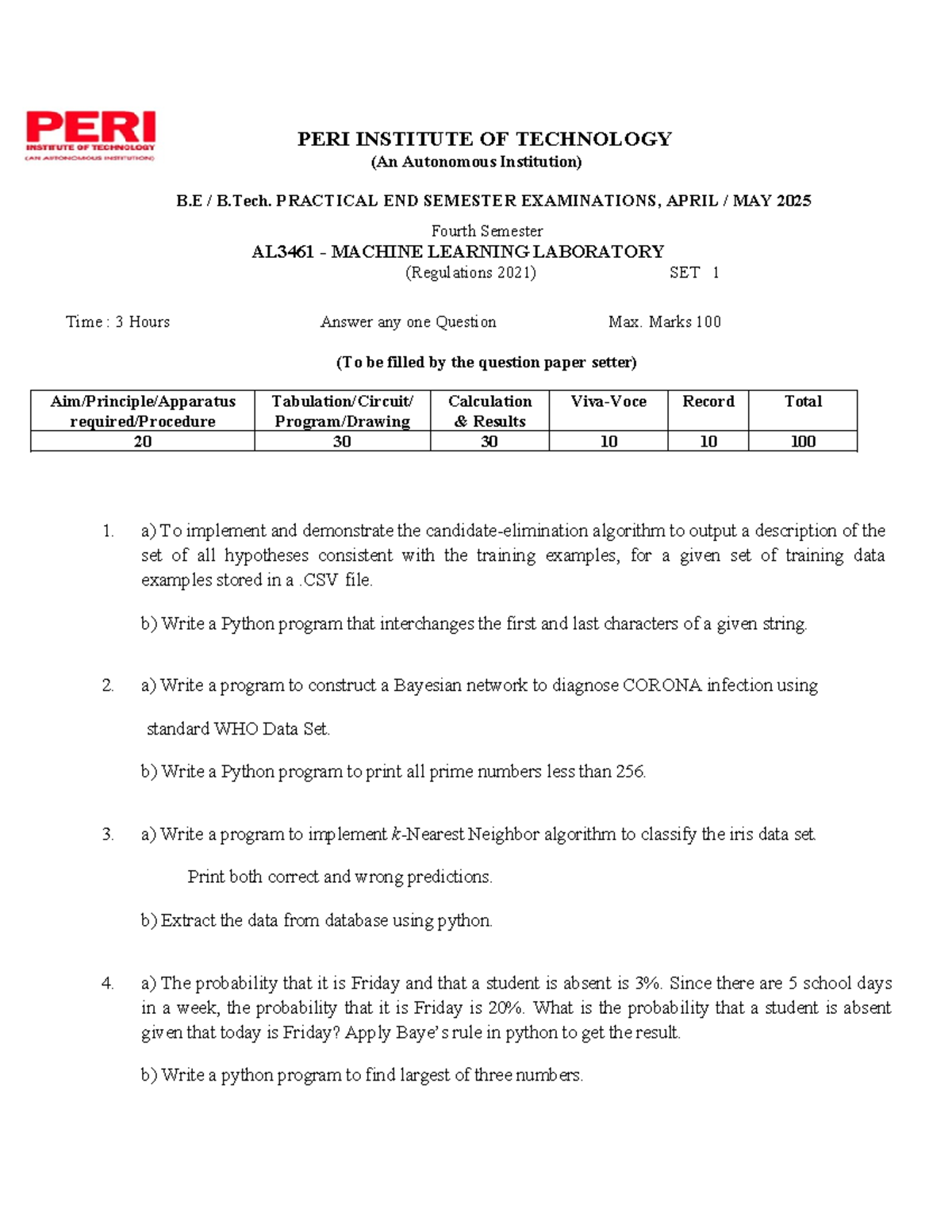 AL3461 Machine Learning Lab Practical Exam Questions - Set 1 - Studocu