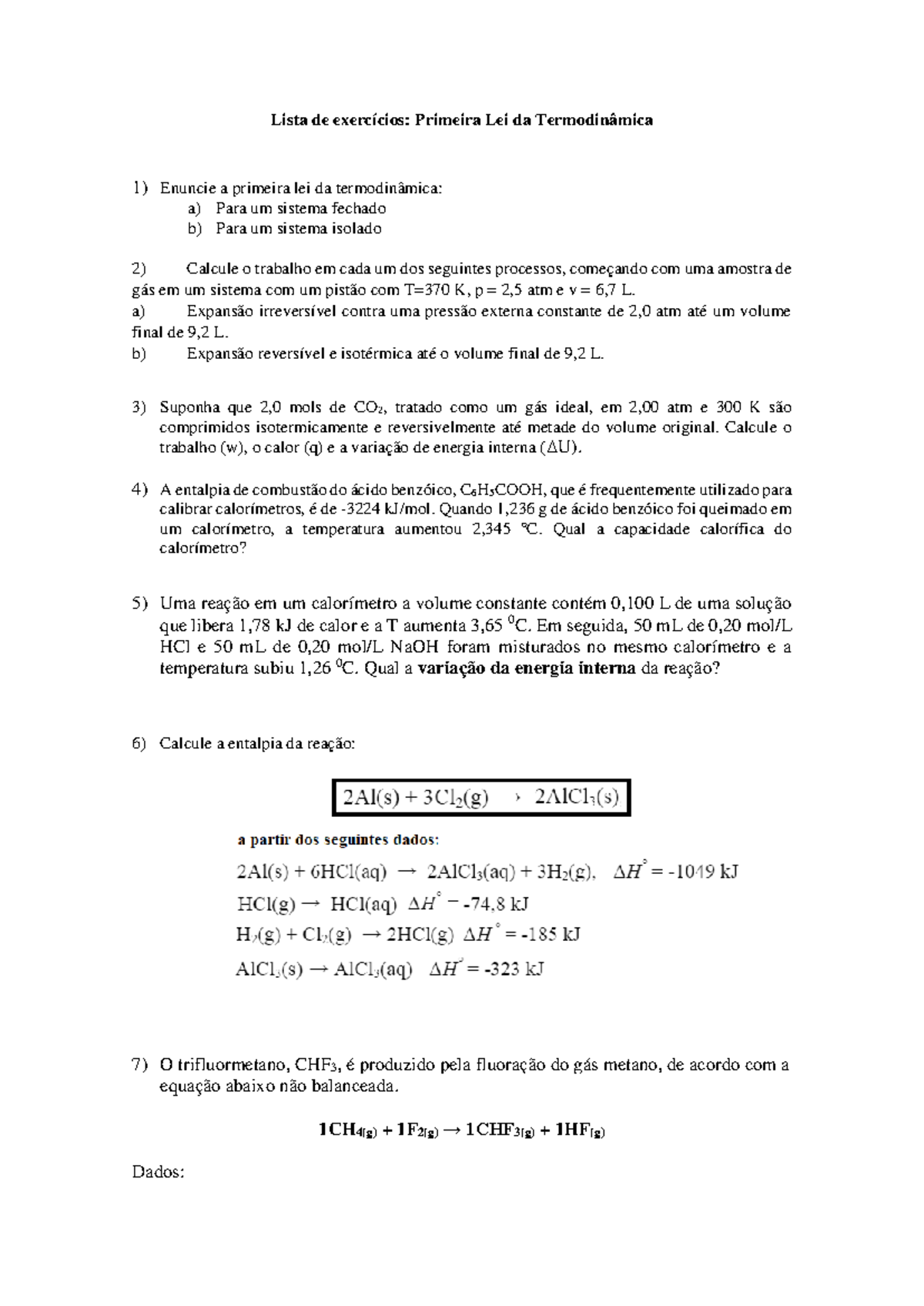 Lista 1 - Primeira Lei da Termodinamica - Lista de exercícios: Primeira ...
