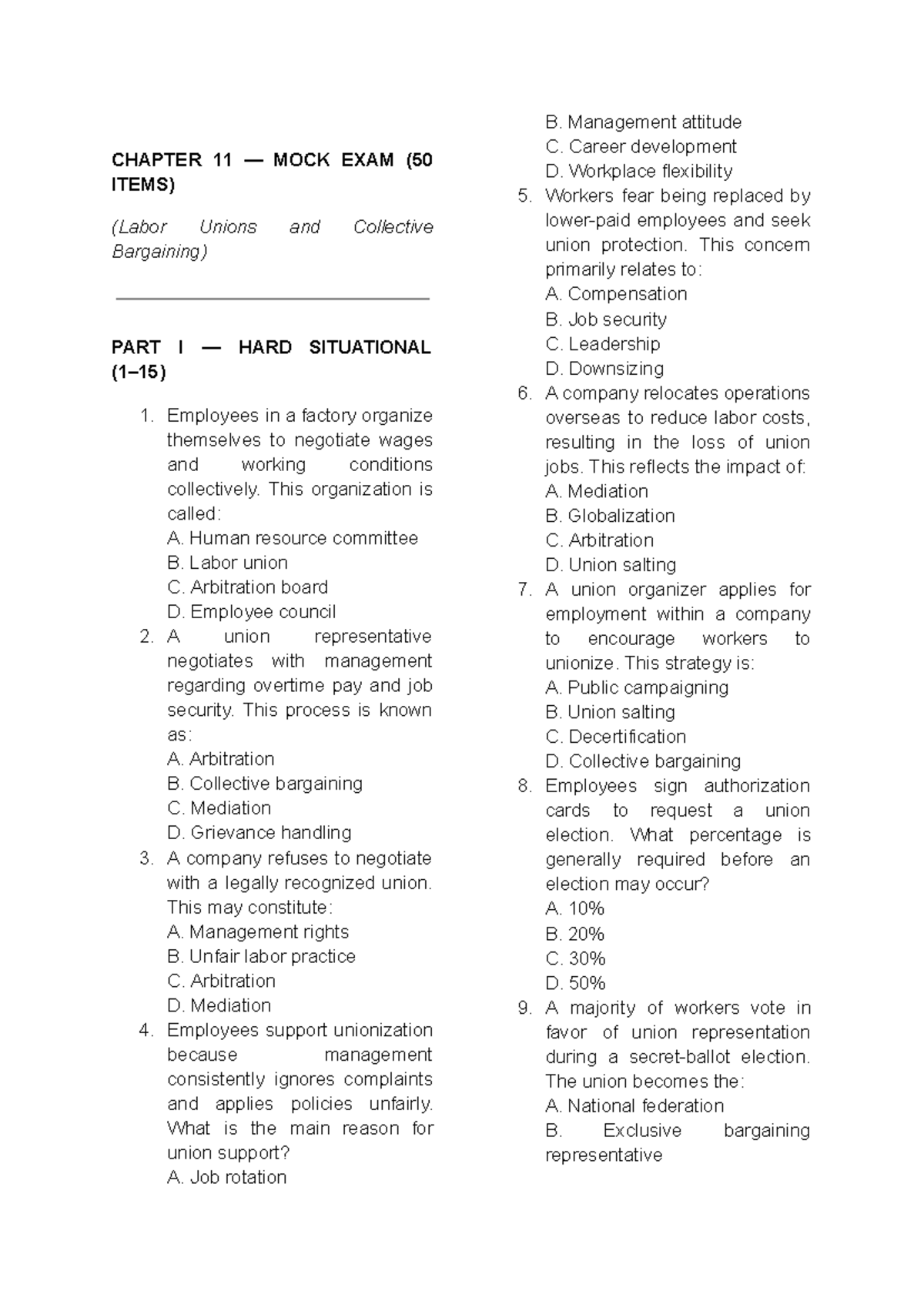 H.R. CHAPTER 11 MOCK EXAM: LABOR UNIONS & COLLECTIVE BARGAINING - Studocu