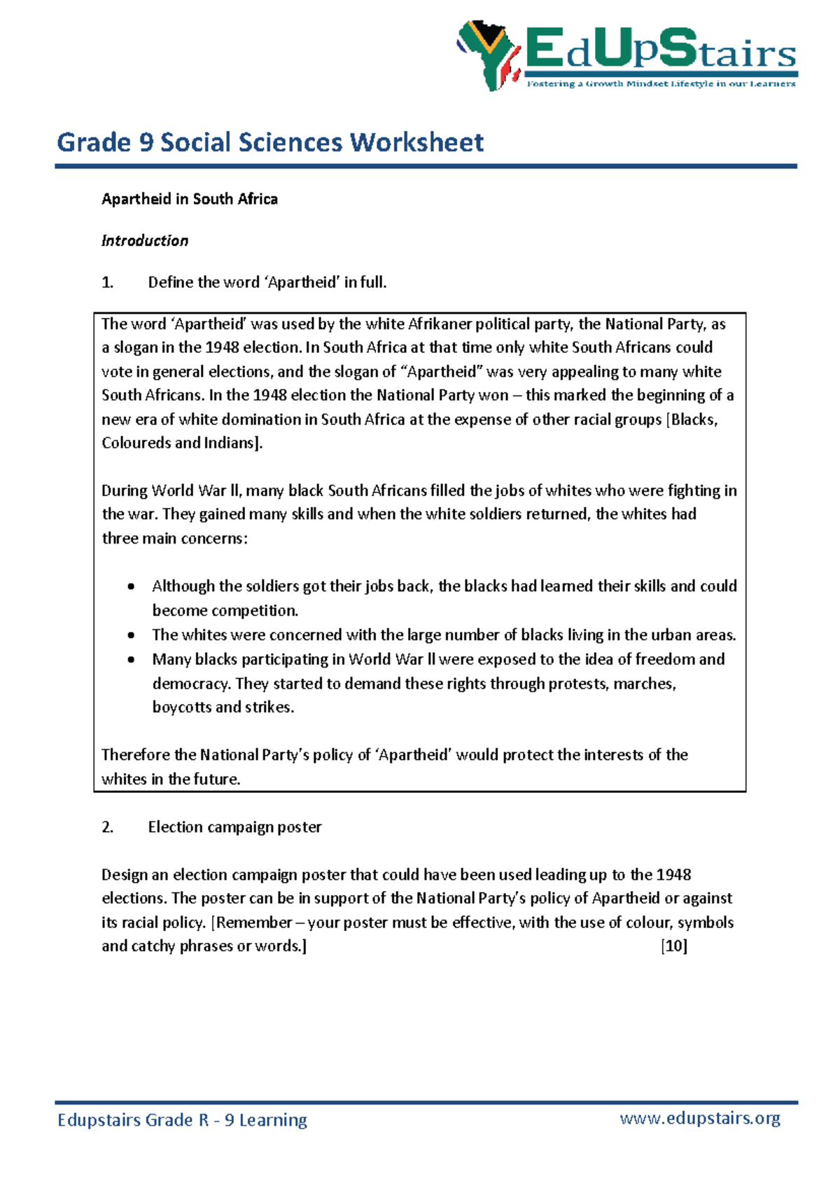 Grade 9 Social Sciences Worksheet: Understanding Apartheid in South ...