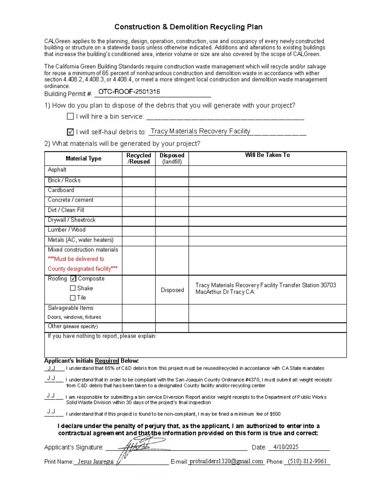 Construction demolition recycling plan and solid waste diversion ...