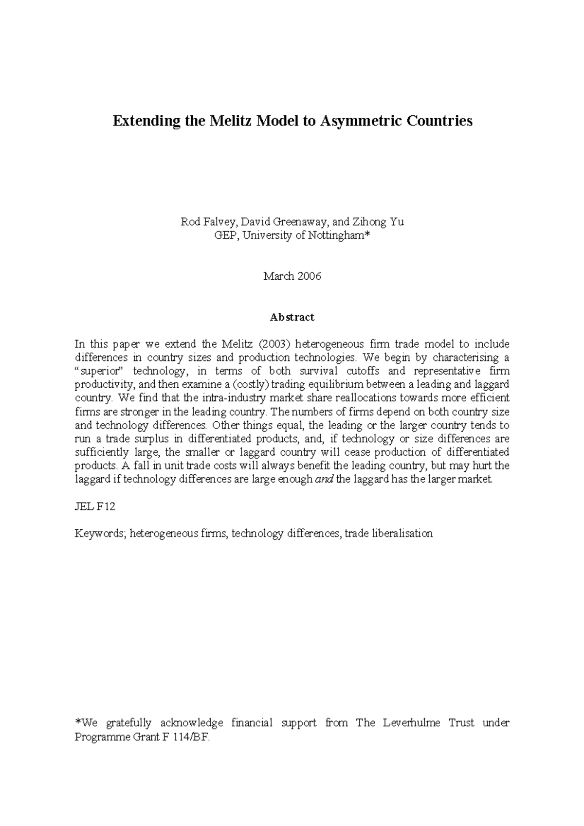 Extending the Melitz Model: Asymmetric Countries Analysis (GEP) - Studocu