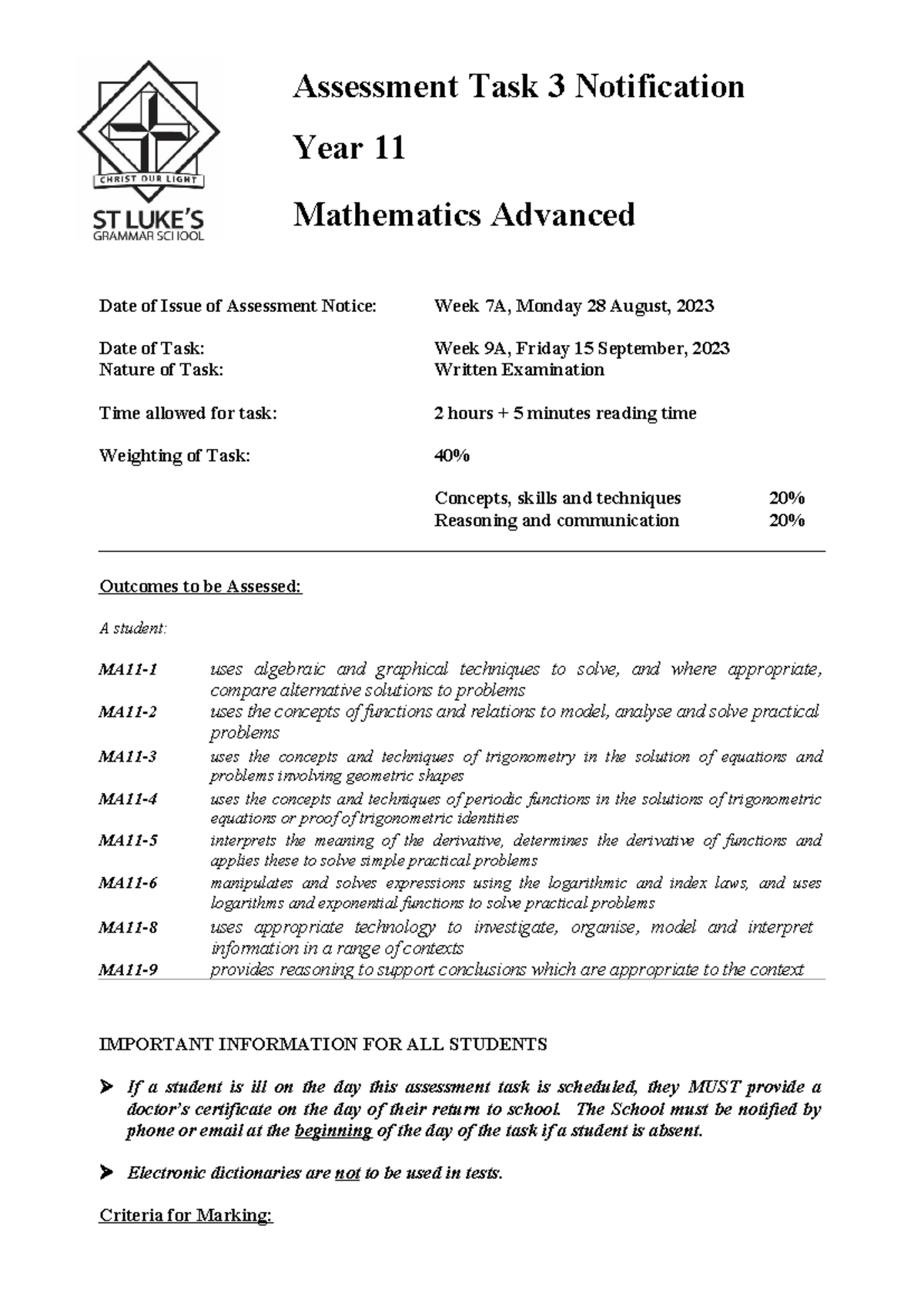 2023 Y11MA Assessment Task 3 Notification: Written Exam Details - Studocu