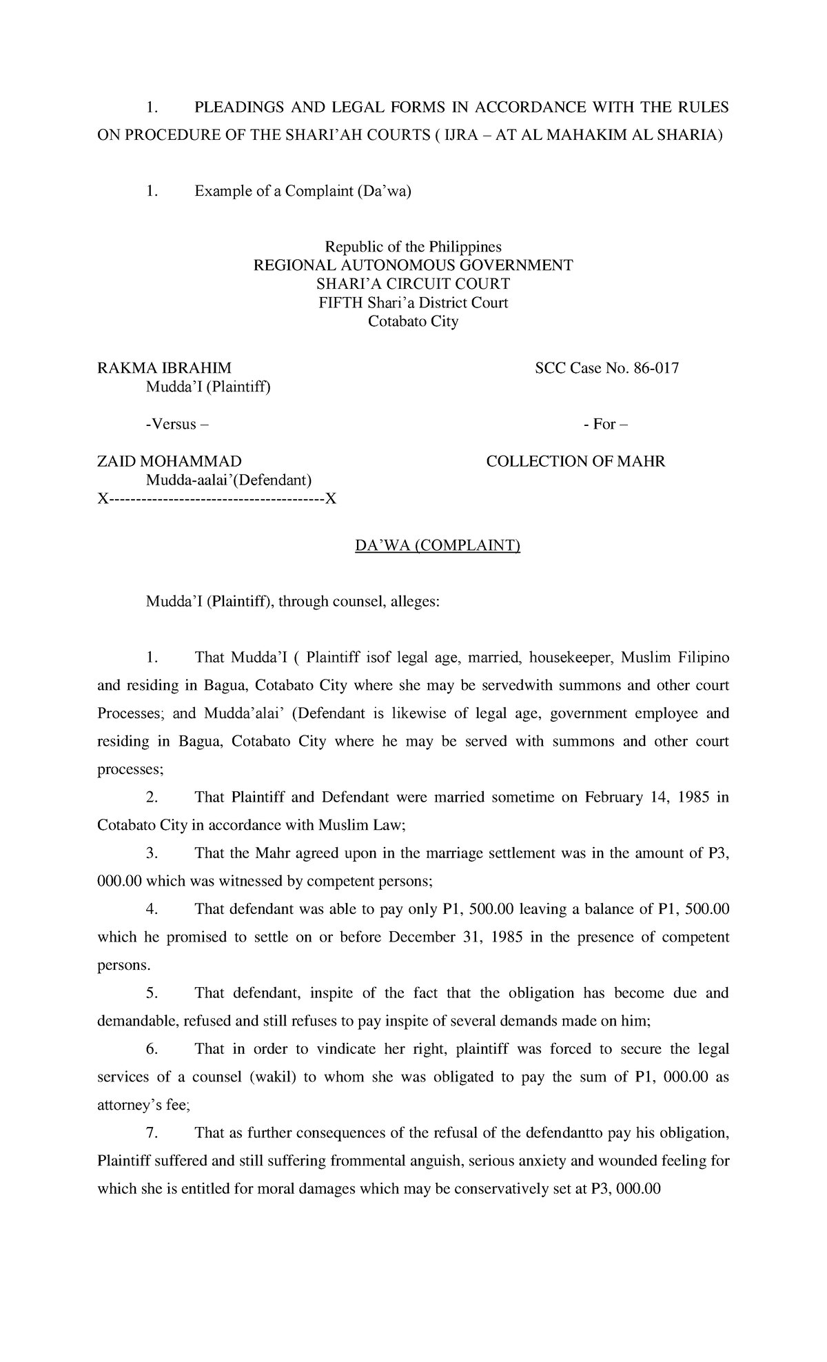 Shariah Law Legal Forms 1 - Summary of Pleadings and Evidence - Studocu