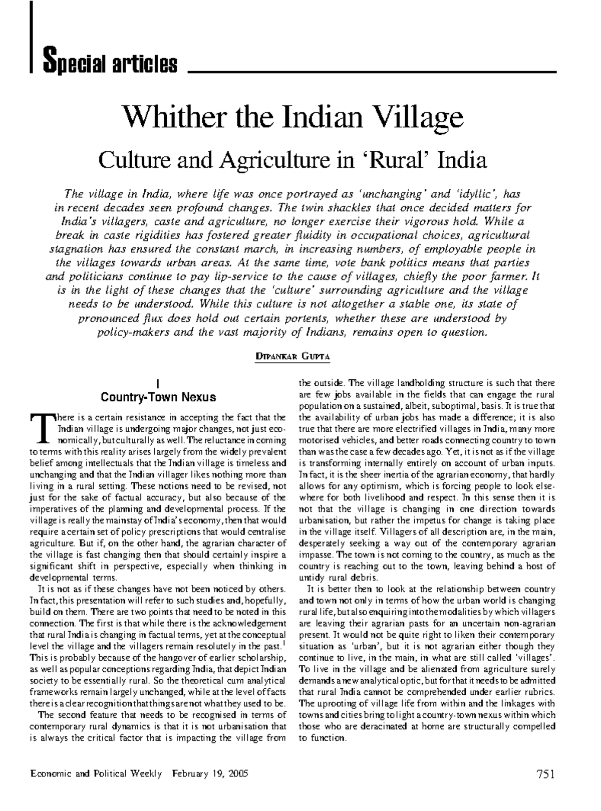 Dipankar Gupta Whither Indian Village - Whither the Indian Village ...