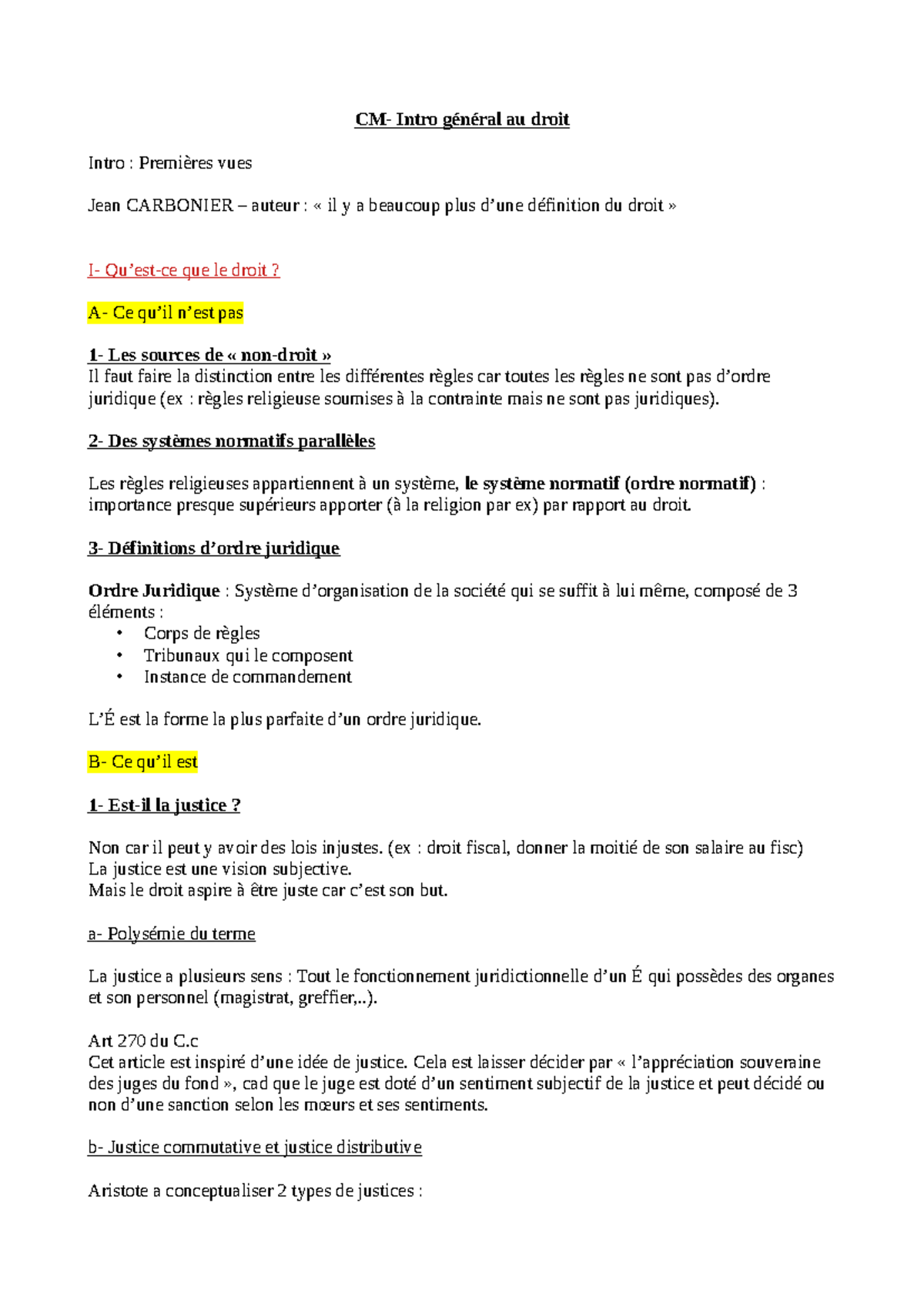 Introduction Générale au Droit - Cours de Droit 101 - Studocu