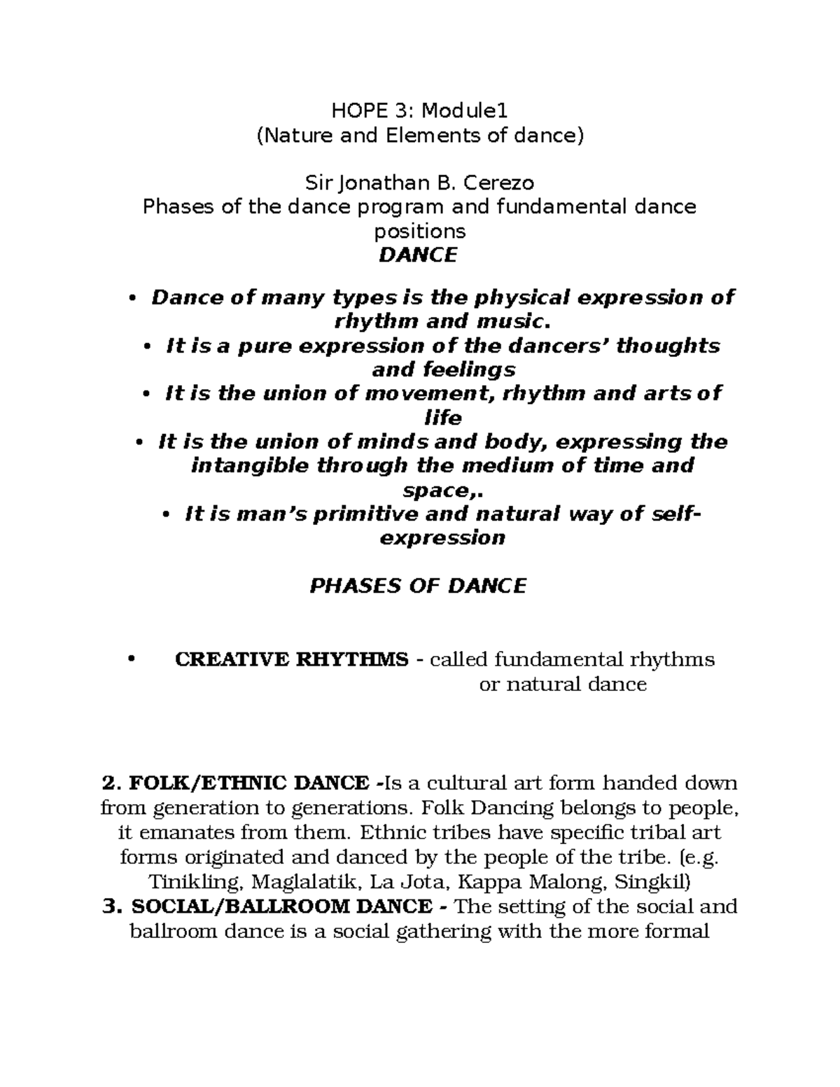HOPE 3: Module on Nature and Elements of Dance by Sir Cerezo - Studocu