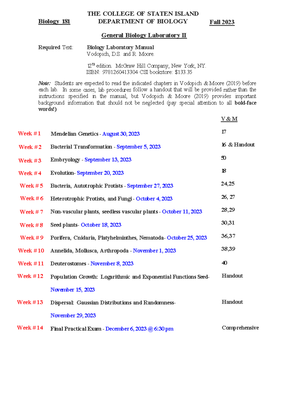 BIO 181 Fall 2023: General Biology II Lab Syllabus and Schedule - Studocu
