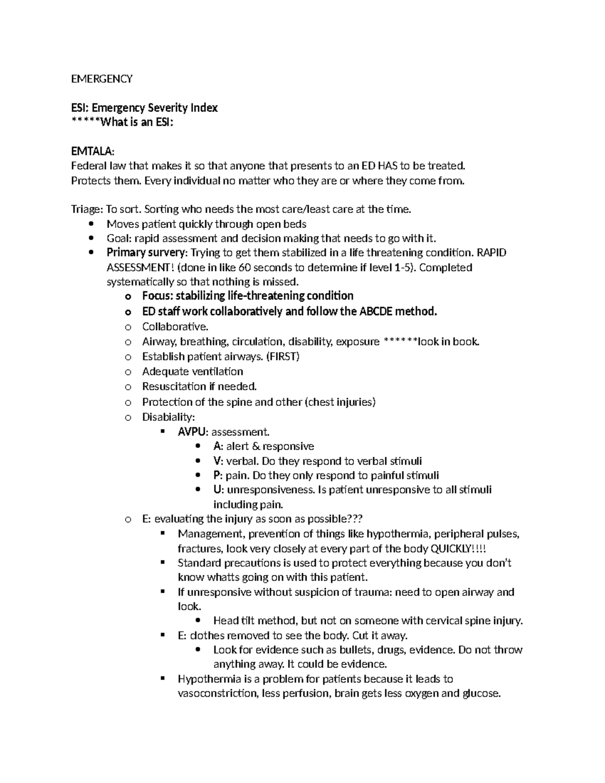 Emergency Severity Index (ESI) Nursing Notes for Triage and Care - Studocu