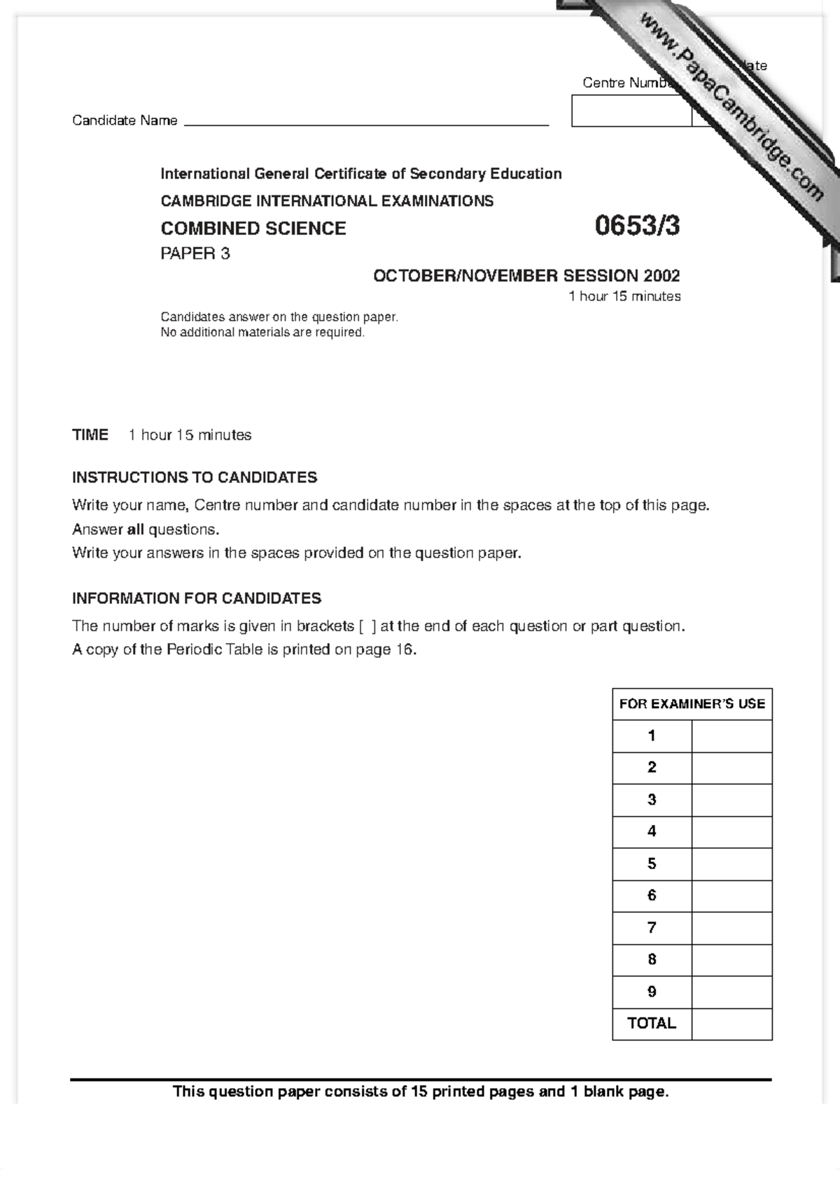 0653 W02 QP 3 - IGCSE Combined Science Paper 3 Exam 2002 - Studocu