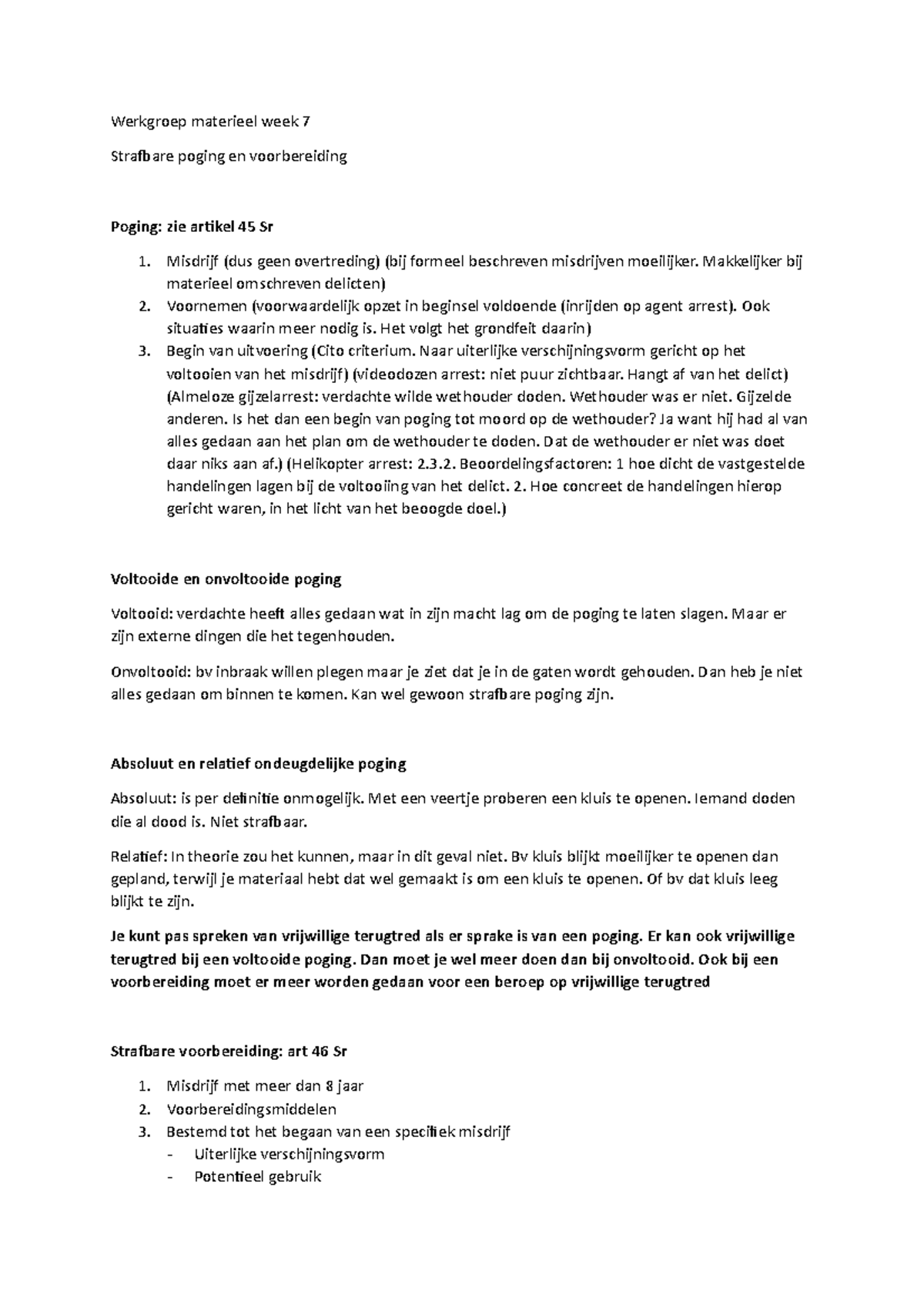 Werkgroep 7: Poging en Voorbereiding in Strafrecht (Materieel Week 7 ...