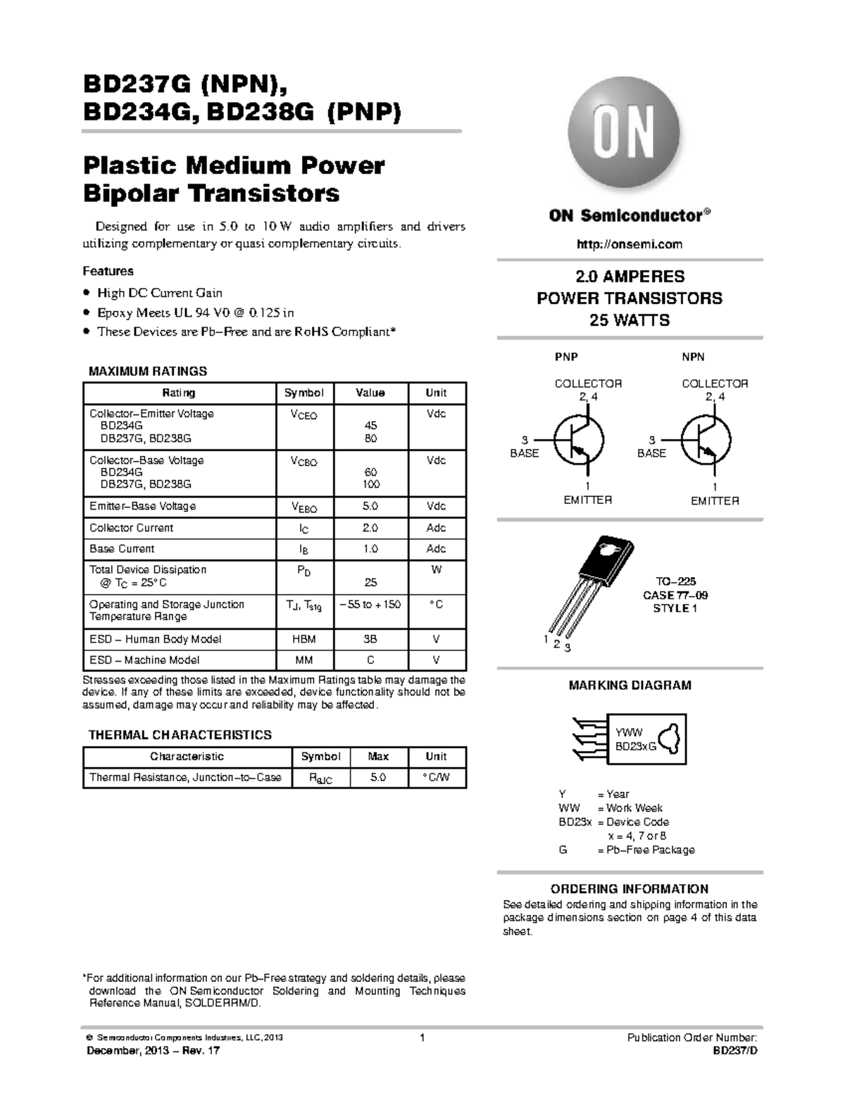 BD237G (NPN) & BD234G, BD238G (PNP) Medium Power Transistor Specs - Studocu