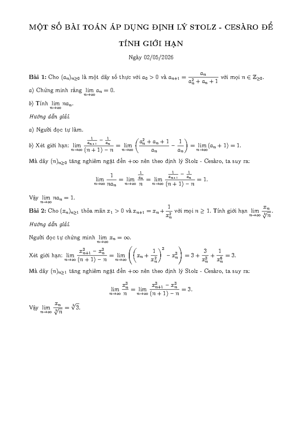 Bài Tập Ứng Dụng Định Lý Stolz-Cesàro Tính Giới Hạn - MATH101 - Studocu