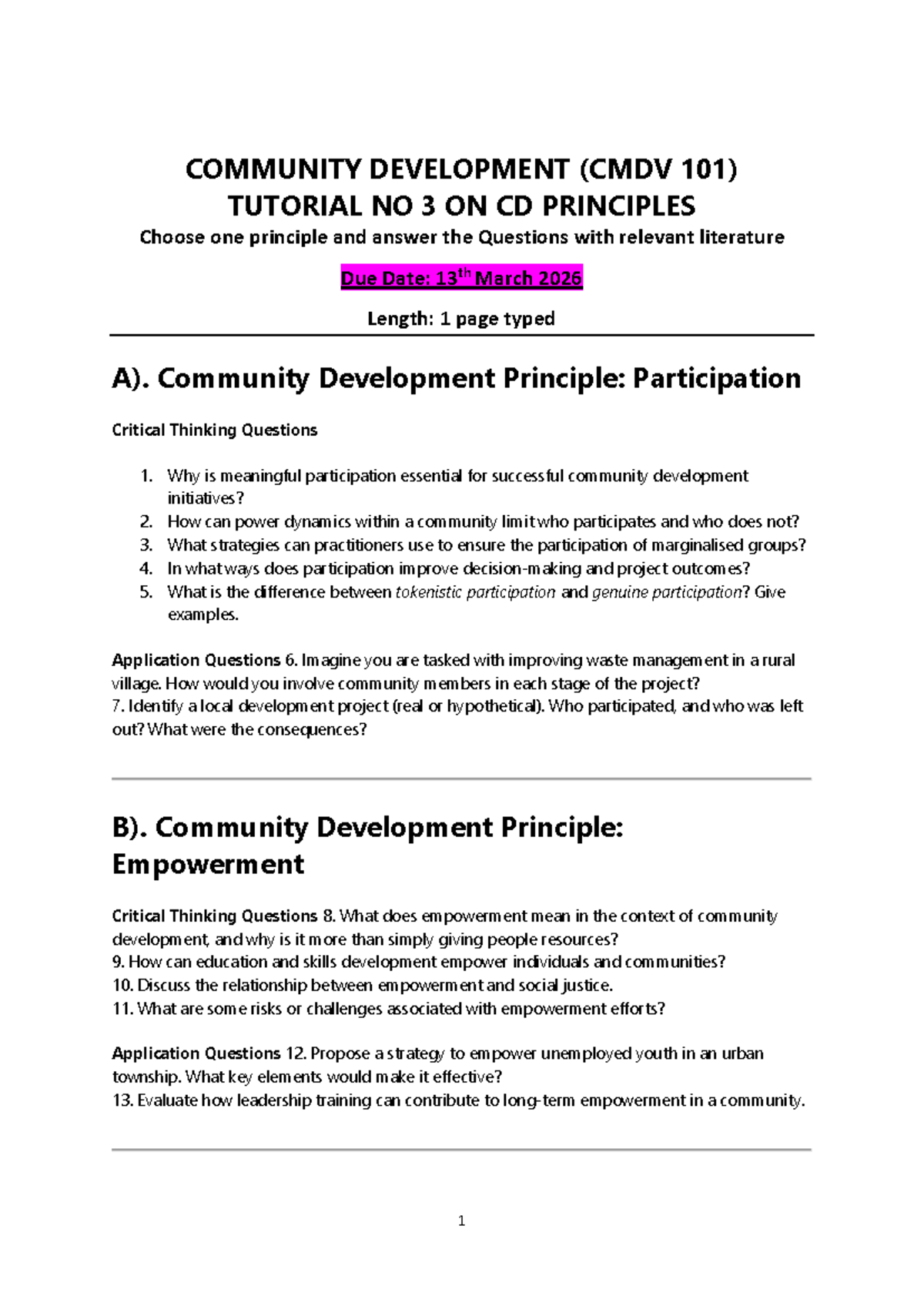 CMDV 101 Tutorial No 3: Community Development Principles & Questions ...