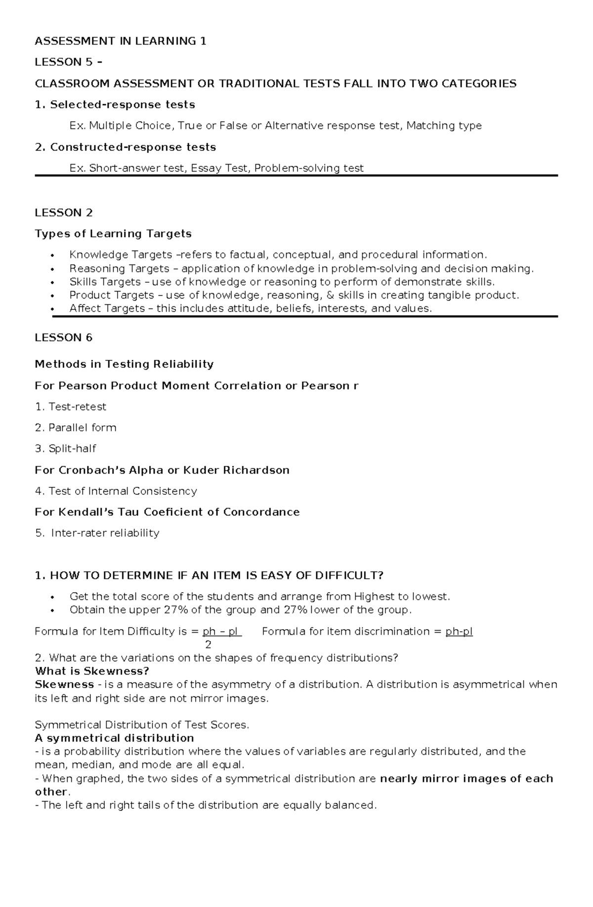 PED 106 & PED 108 - Lecture Notes on Assessment in Learning - Studocu