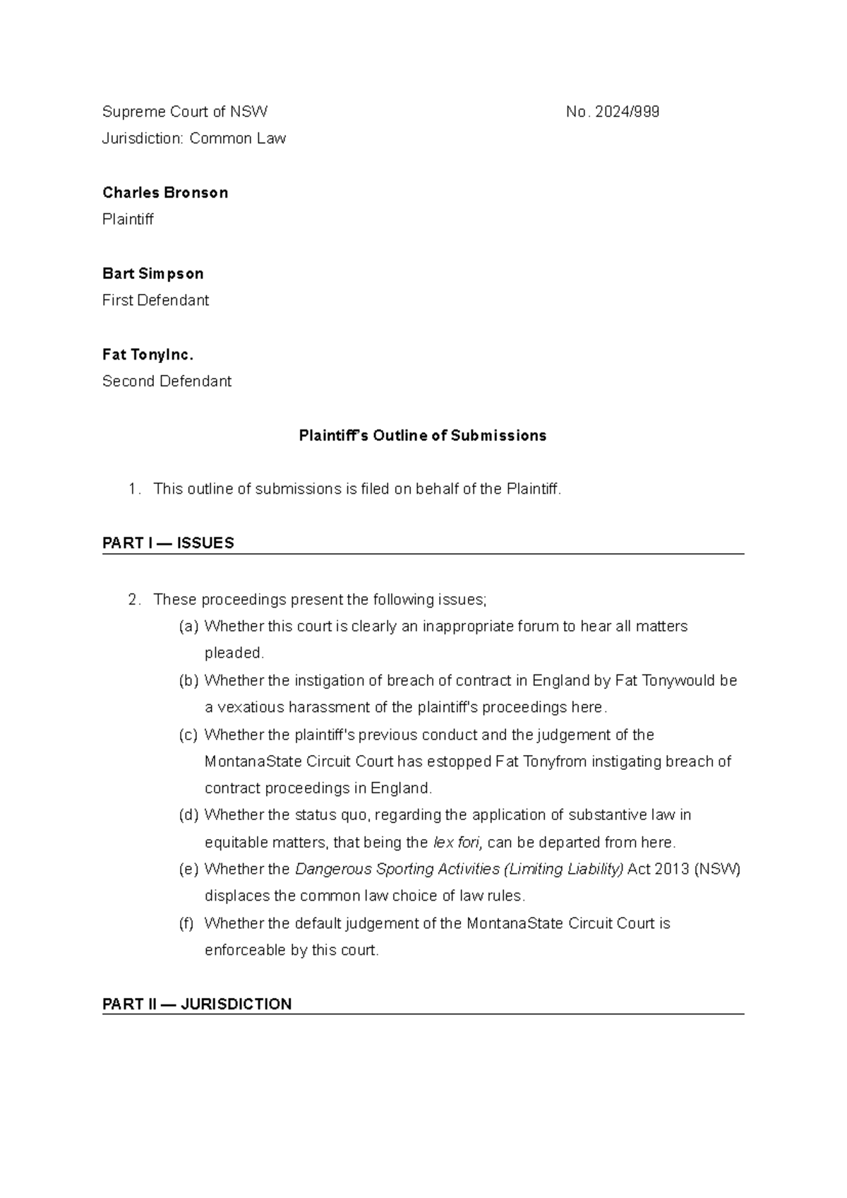 Outline of Plaintiff’s Submissions in Laws 4212 - Conflict of Laws ...