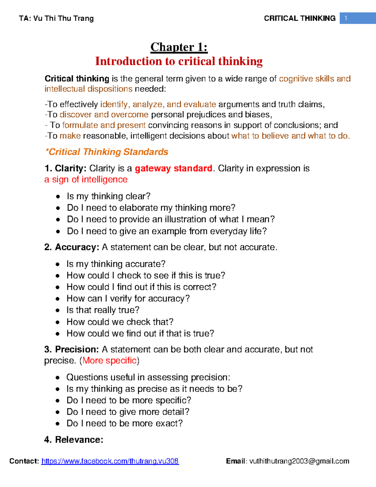 Critical Thinking 1: Chapter 1 Overview and Key Concepts - Studocu