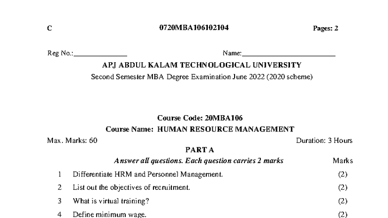 0720MBA106102104 C - HRM Question Paper June 2022 - Studocu
