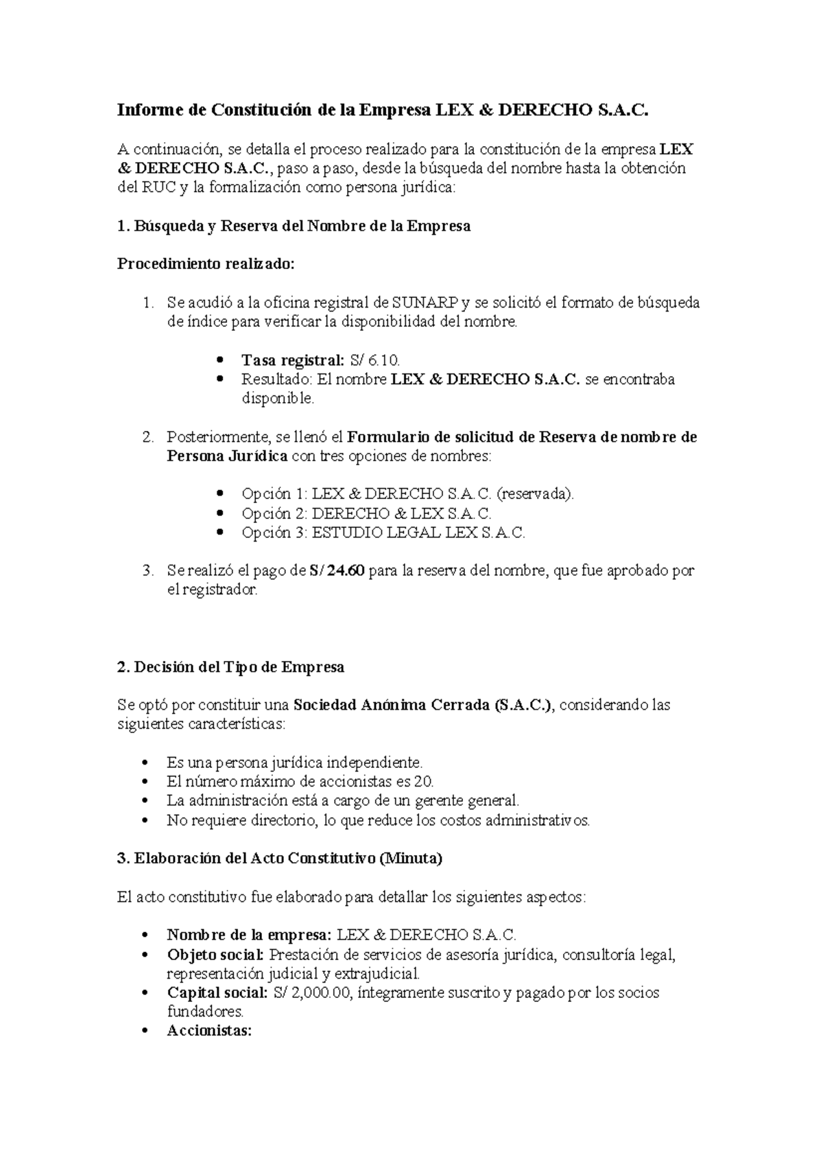 TA 2 Derecho Comercial - Informe de Constitución de la Empresa LEX ...