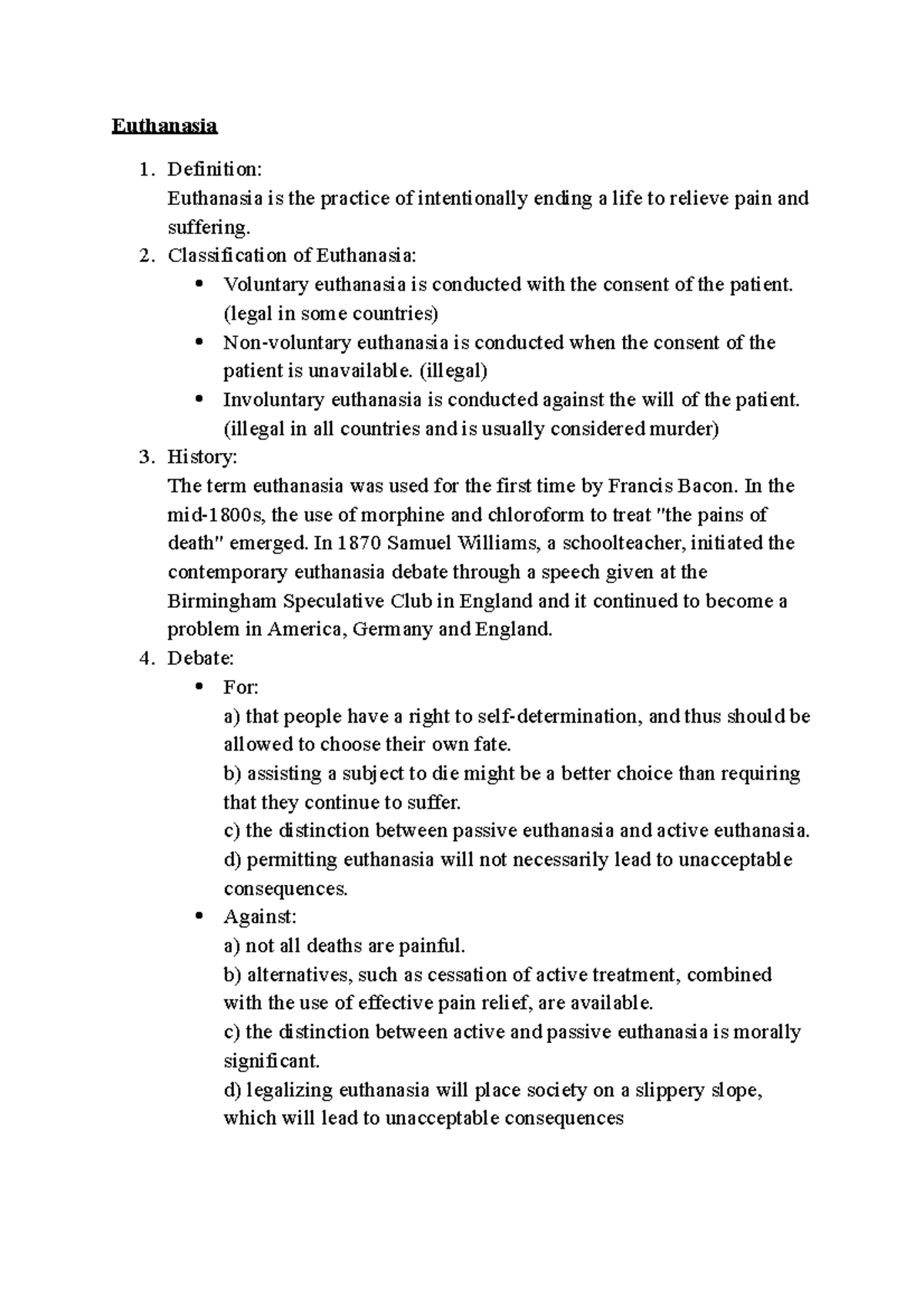 Ethics - Euthanasia Overview and Debate Notes - Studocu