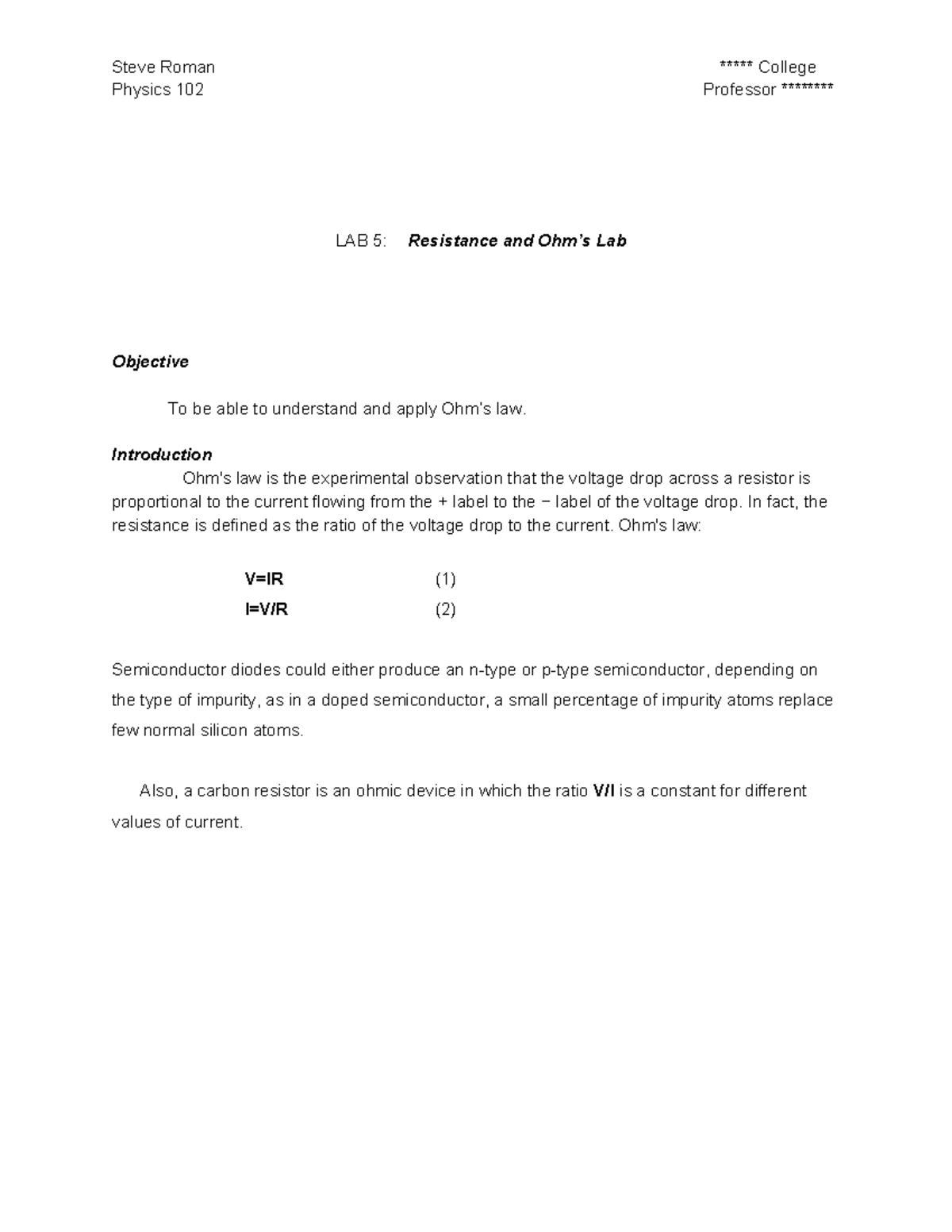 Phylab 5 - Lab assessment for Gnereral Physics course - Physics 102 ...