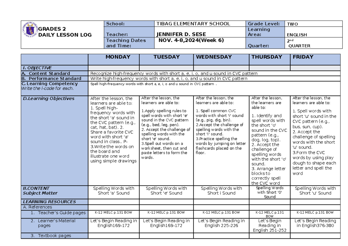 English-Q2-W6 - English Assignment - GRADES 2 DAILY LESSON LOG School ...