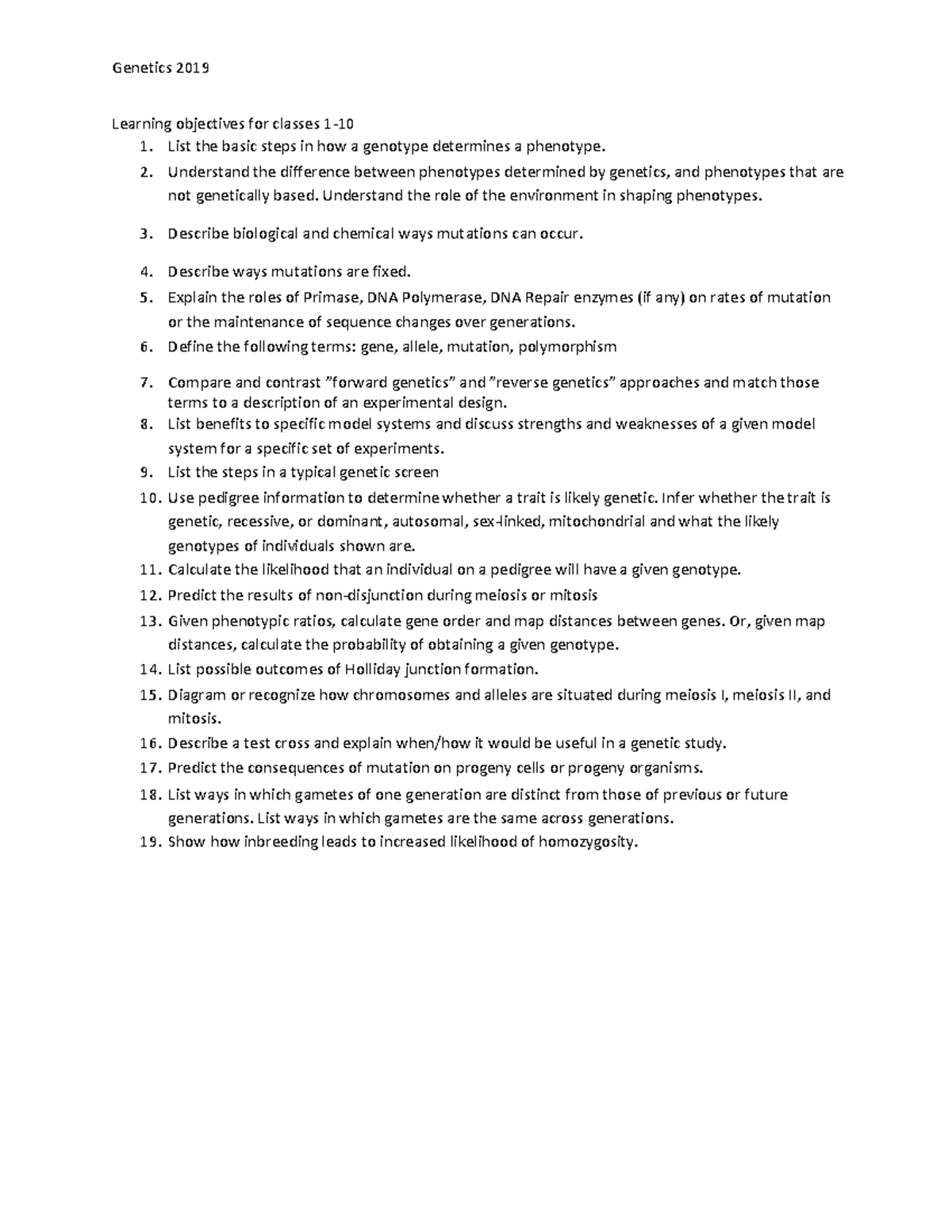 Learning Objectives Genetics 2019 - Warning: TT: undefined function: 32 ...