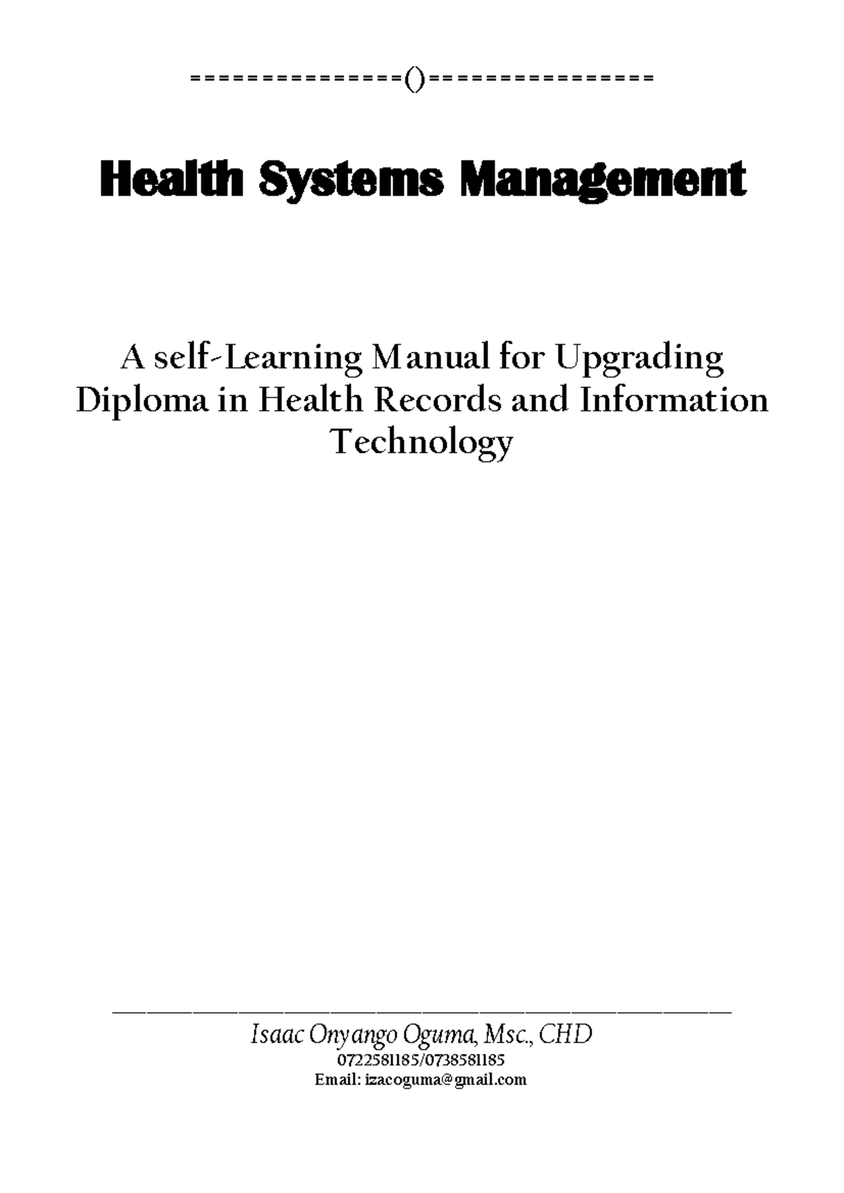 Health Systems Management: A Comprehensive Self-Learning Manual - Studocu