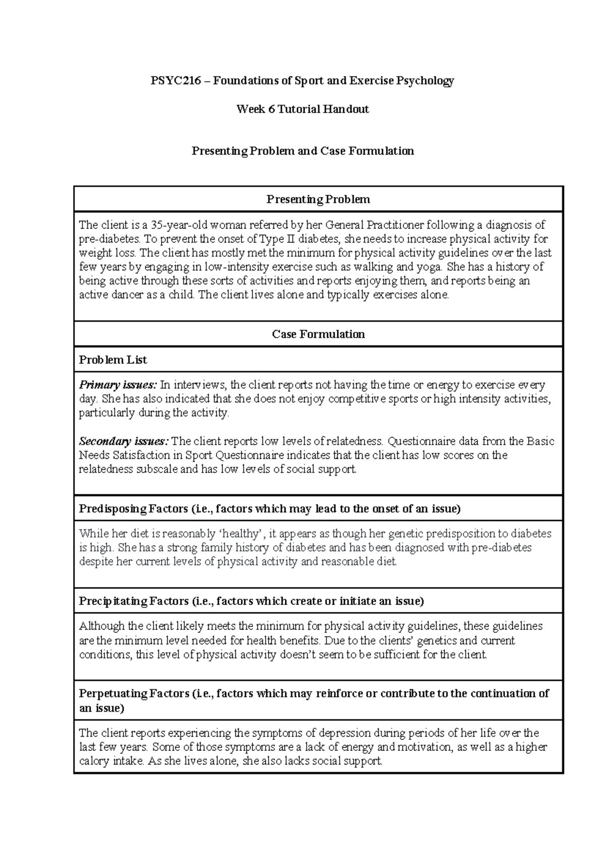 PSYC216 Week 6 Tutorial: Case Formulation & Client Analysis in Sport ...