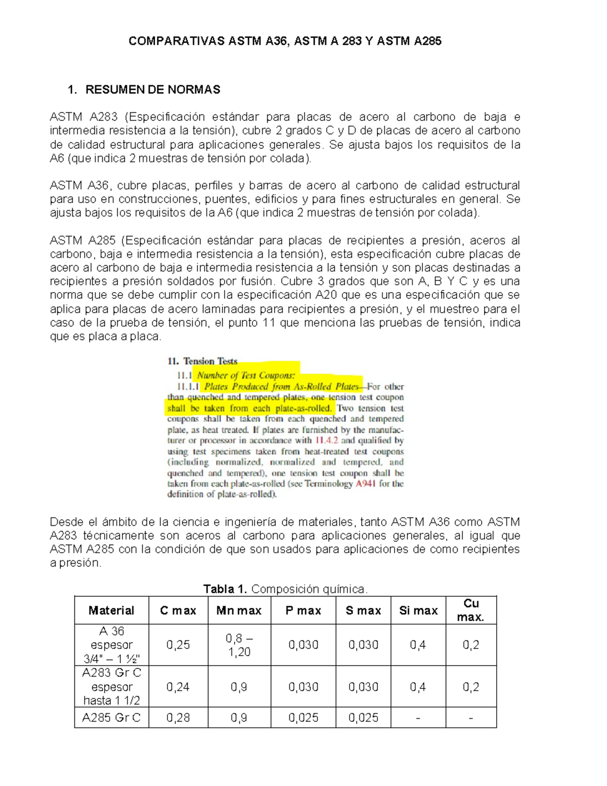 Comparativa de Normas ASTM A36, A283 y A285 para Acero Carbono - Studocu