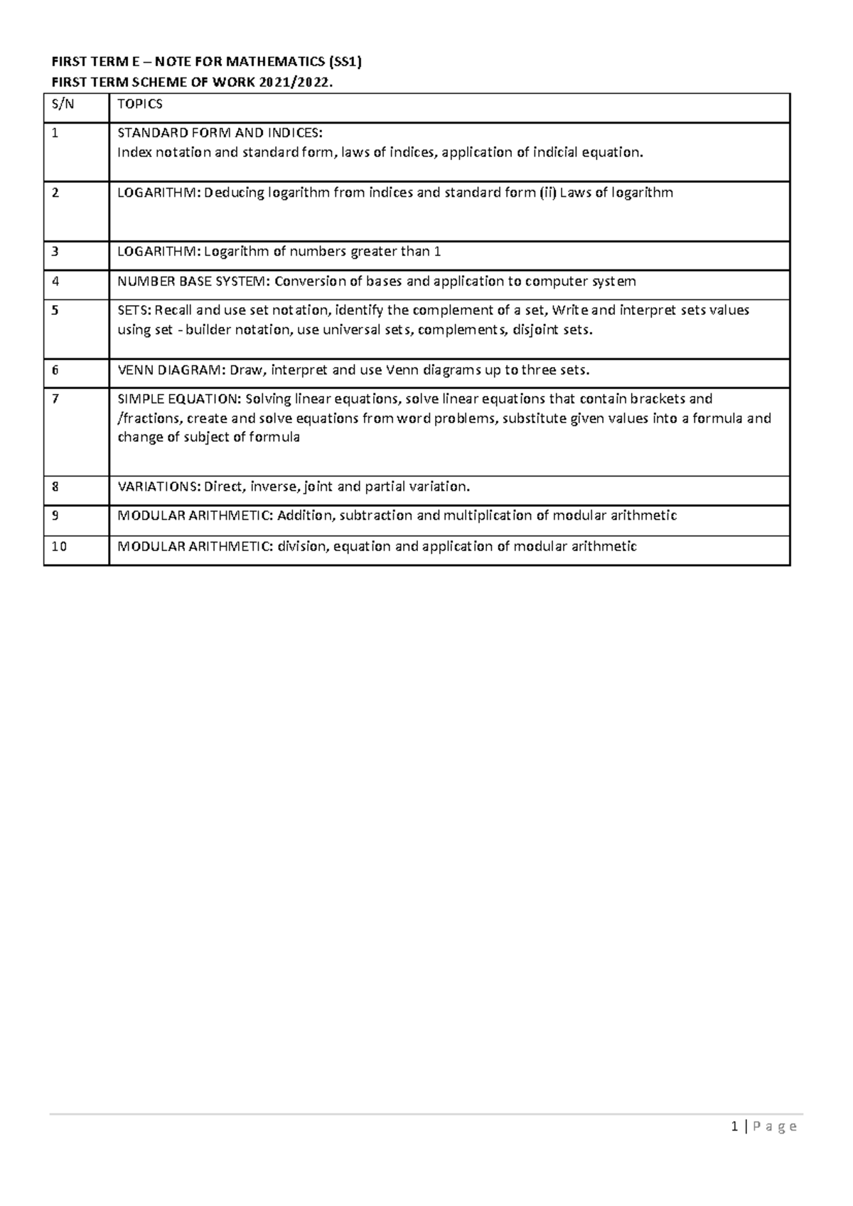 SS1 Mathematics - basic math - FIRST TERM E – NOTE FOR MATHEMATICS (SS1 ...