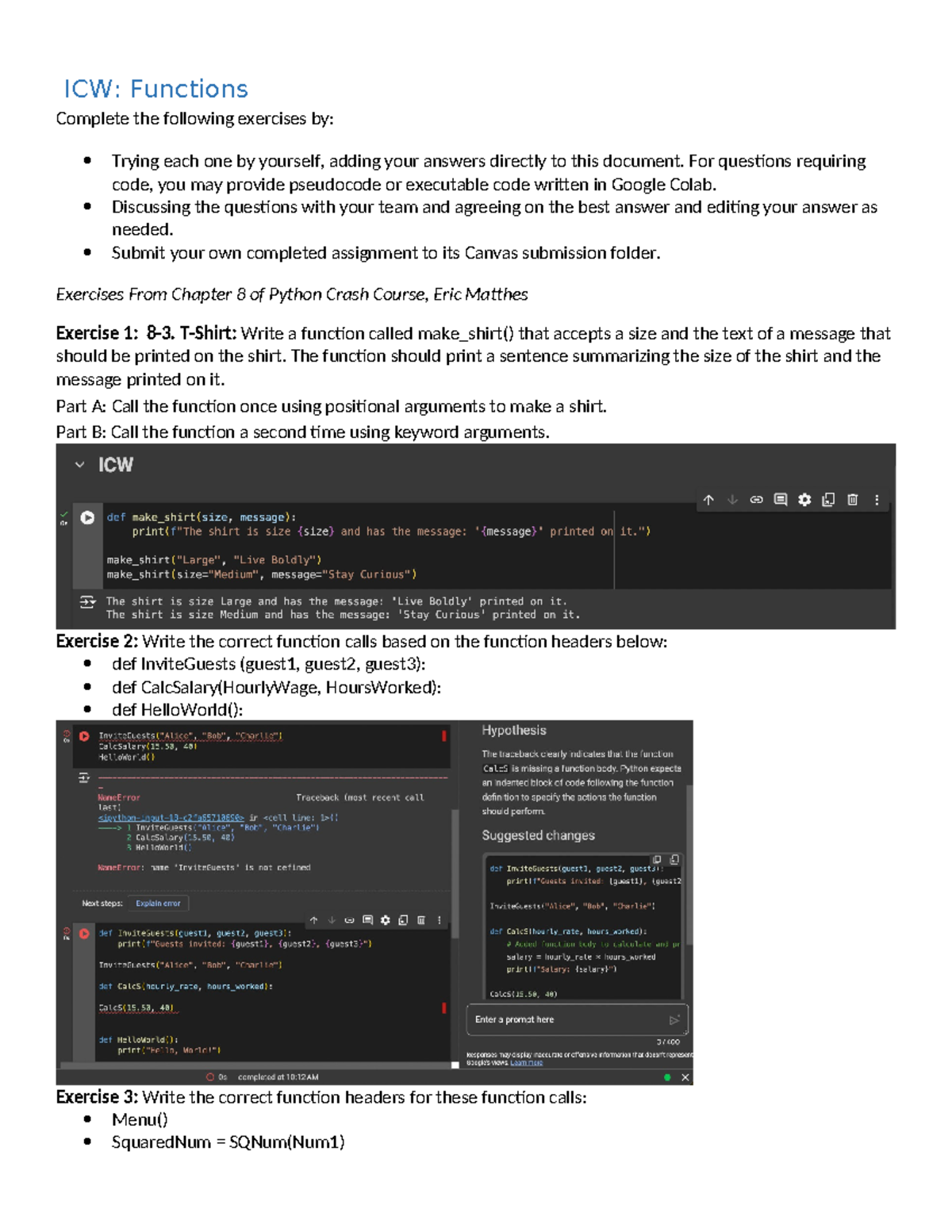 ICW Functions: Exercises from Python Crash Course Chapter 8 - Studocu