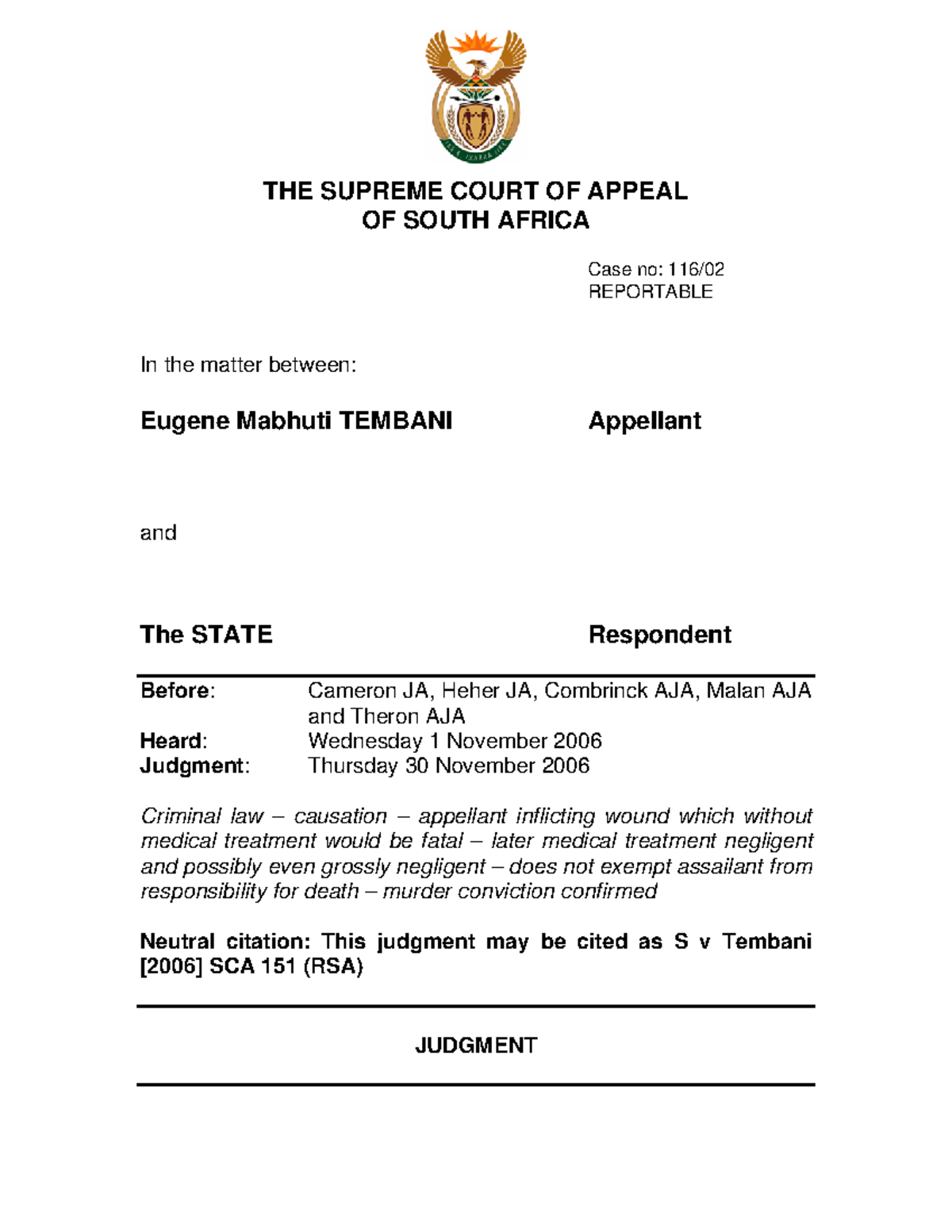 S v Tembani: Legal Implications of Medical Negligence in Murder Case ...