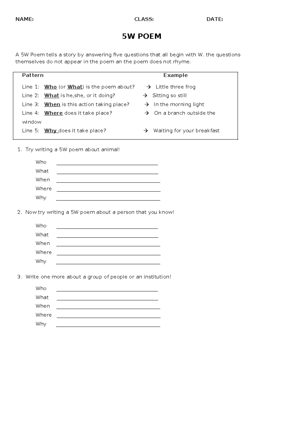 5W POEM EXERCISE: CREATIVE WRITING ASSIGNMENT - Studocu