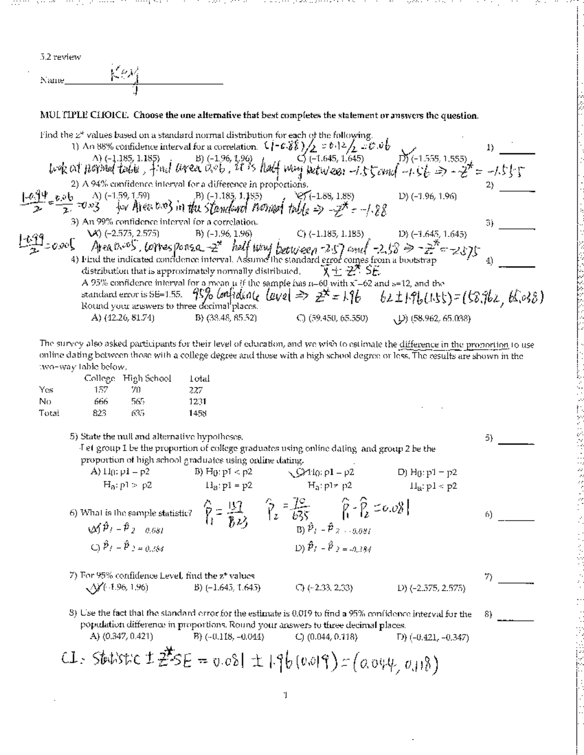 5.2 Quiz Review Key on Confidence Intervals and Hypothesis Testing ...