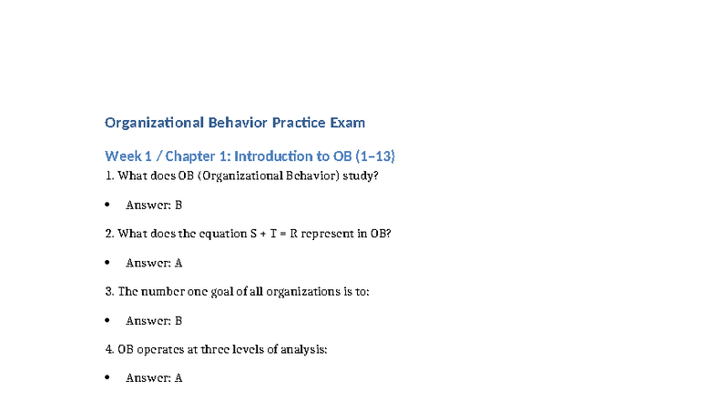 OB Practice Exam - good - Organizational Behavior Practice Exam Week 1 ...