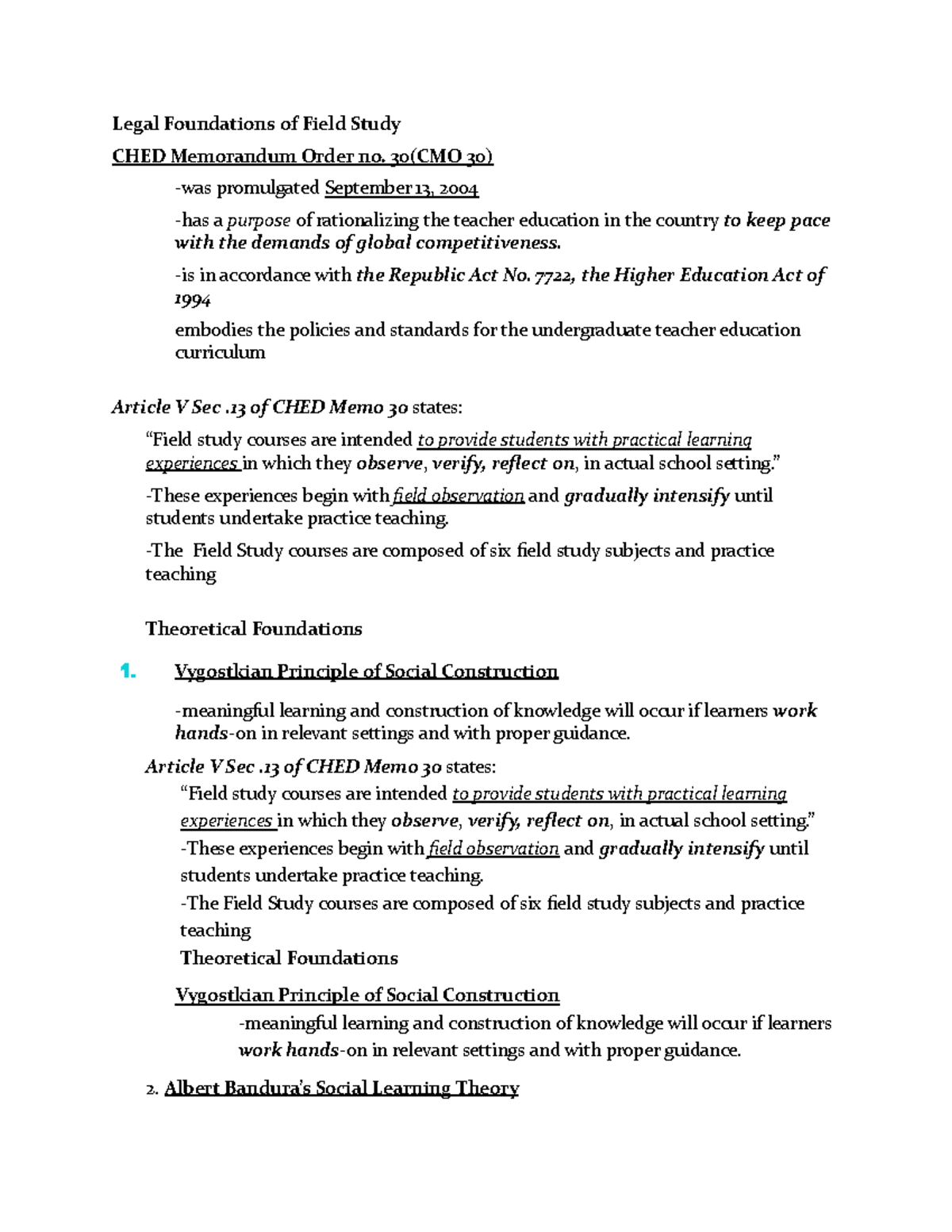 Field Study Intro: Legal & Theoretical Foundations for Ed Program - Studocu