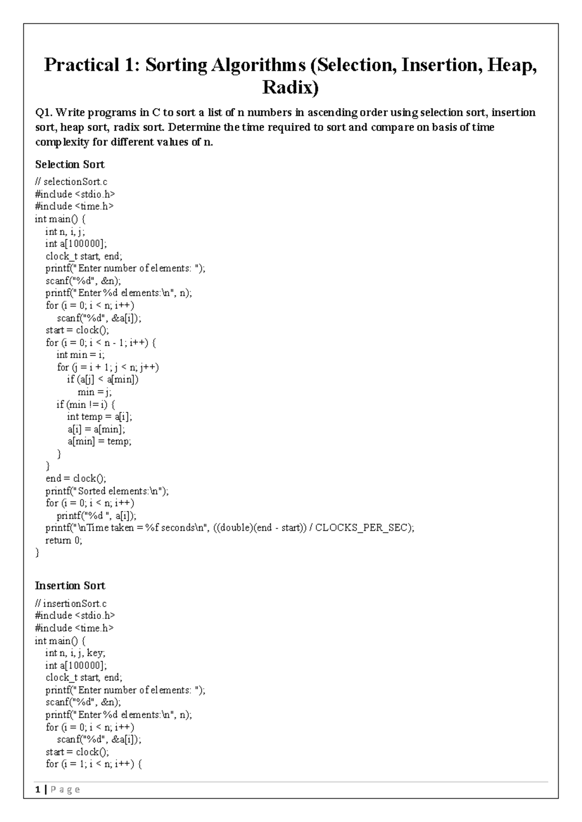 Practical Lab: Sorting & Graph Algorithms in C (CS101) - Studocu