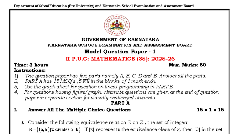 35 P.U.C Mathematics Model Question Paper 1 (2025-26) - Studocu