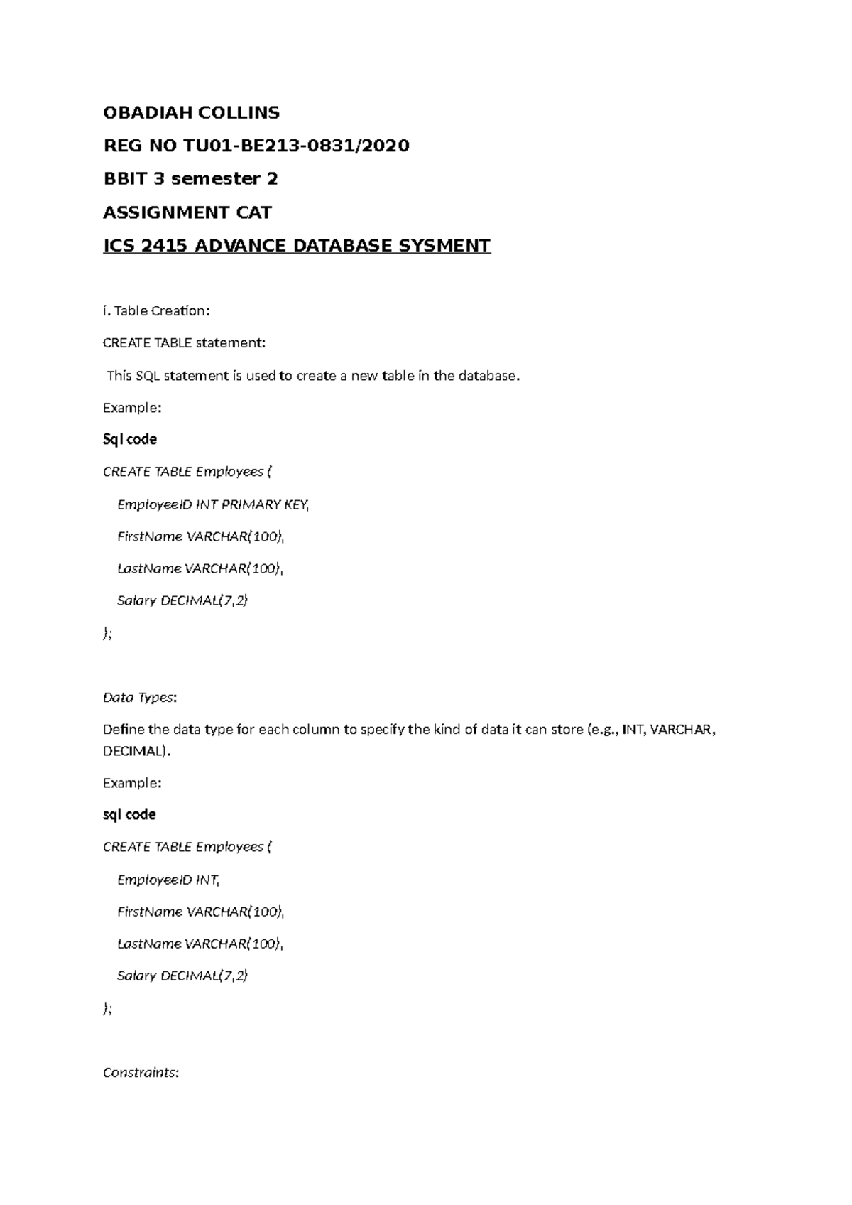 ICS 2415 Assignment: Advanced Database Concepts and SQL Examples - Studocu