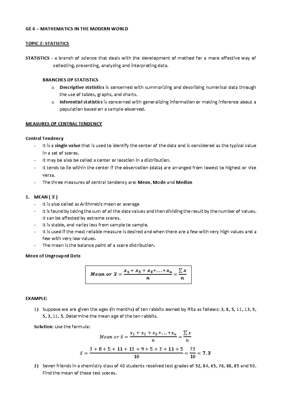 Statistics-2 - GE 4 – MATHEMATICS IN THE MODERN WORLD TOPIC 2 ...