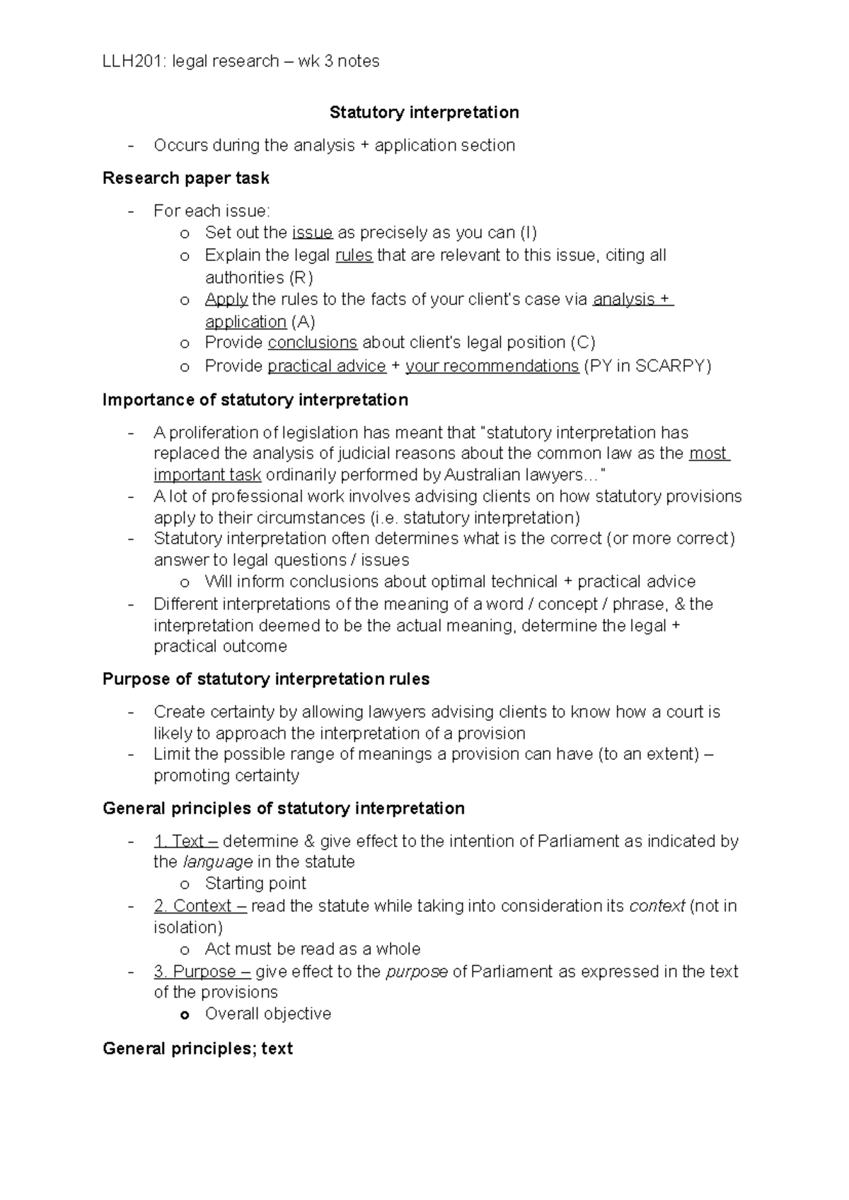 LLH201 Week 3 Notes: Statutory Interpretation in Legal Research - Studocu