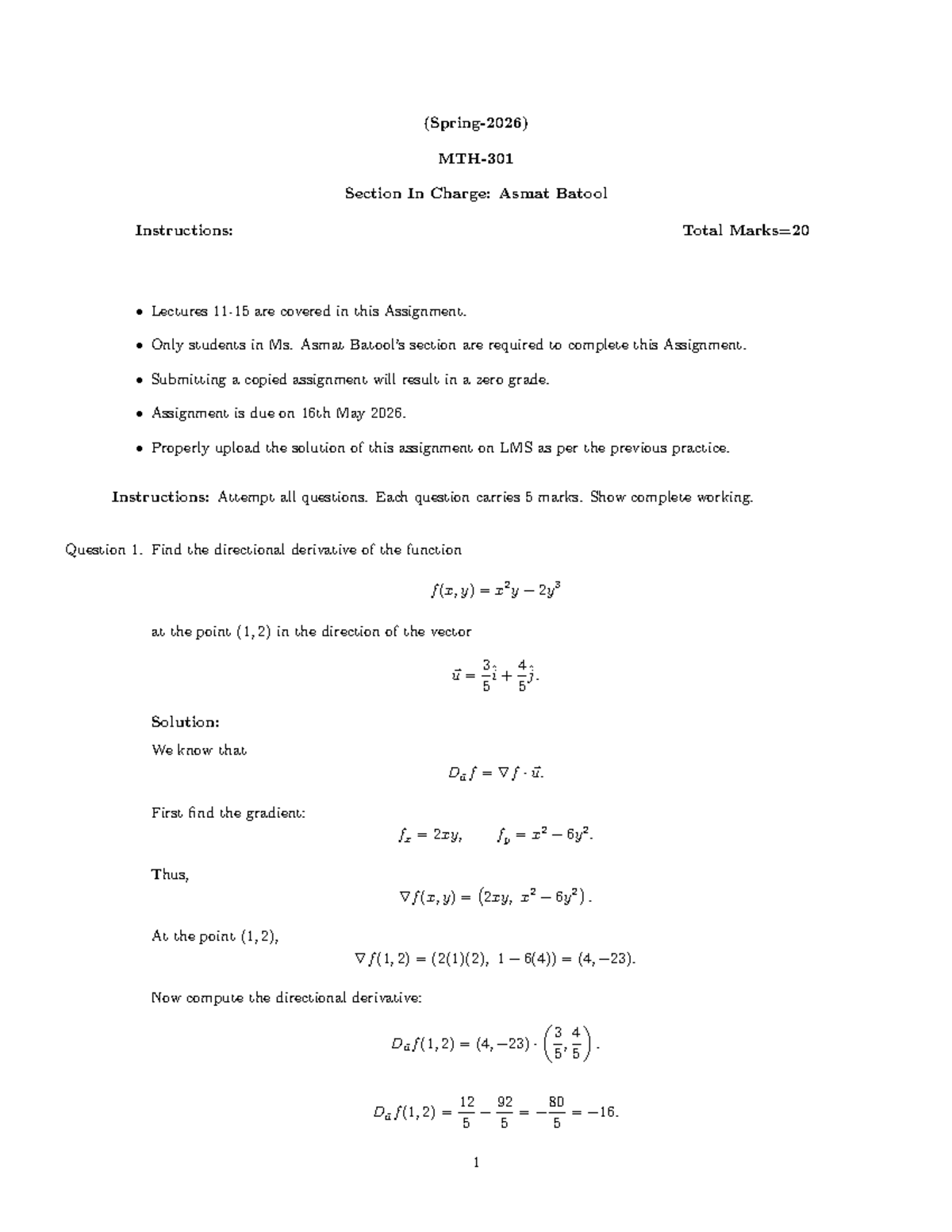 Spring 2026 MTH301 Assignment 1 Solutions: Directional Derivatives ...
