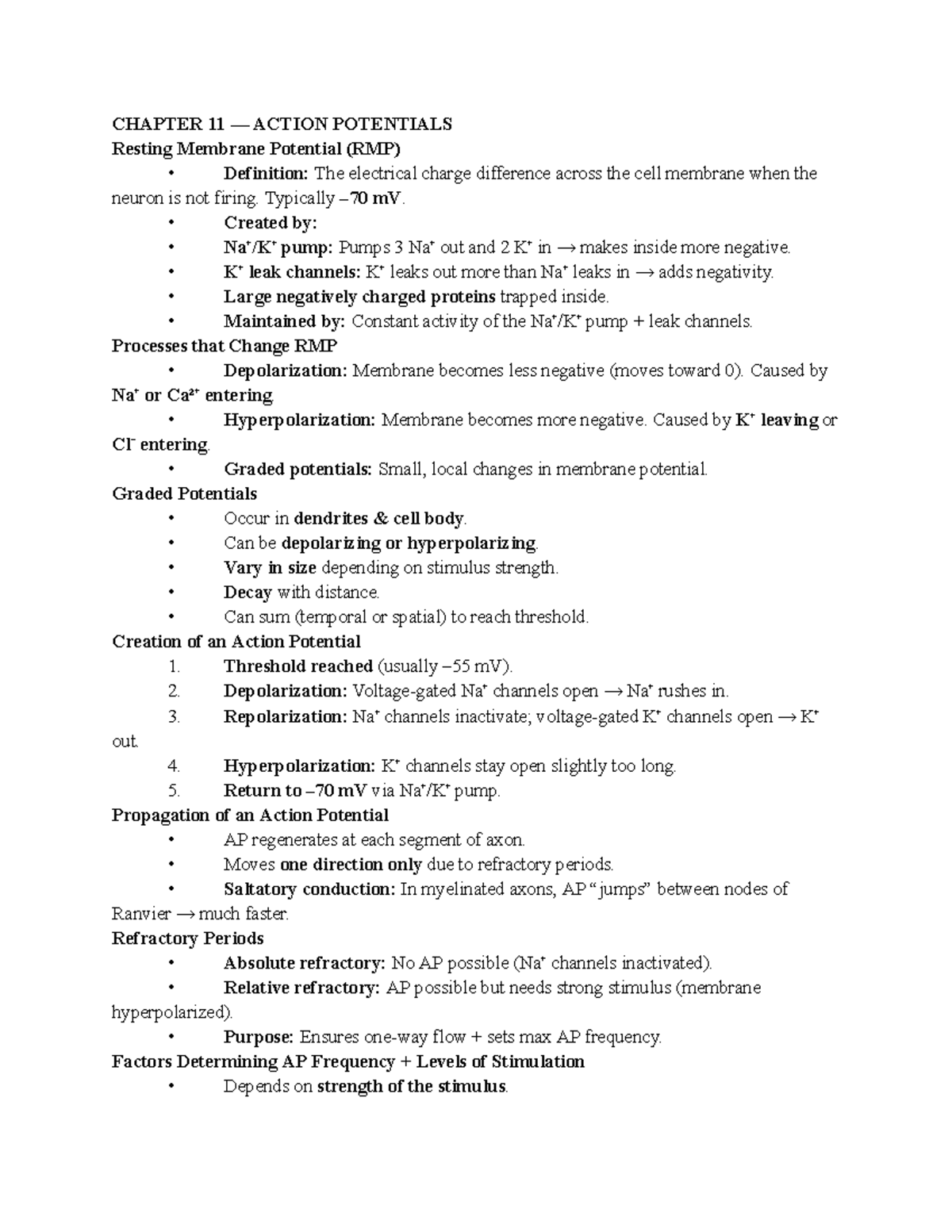 Chapter 11 & 14 - Action Potentials and Autonomic Nervous System - Studocu