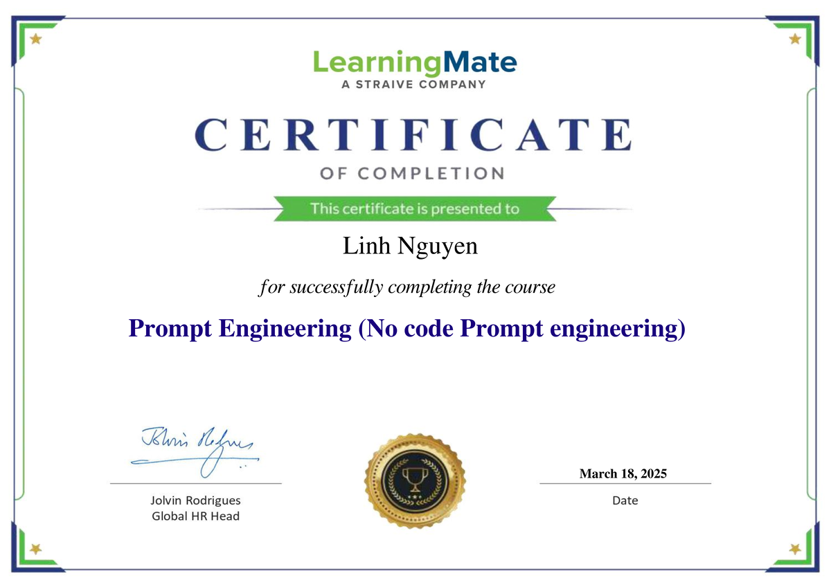 Prompt Engineering 101 Course Completion Certificate - Phát triển kĩ ...